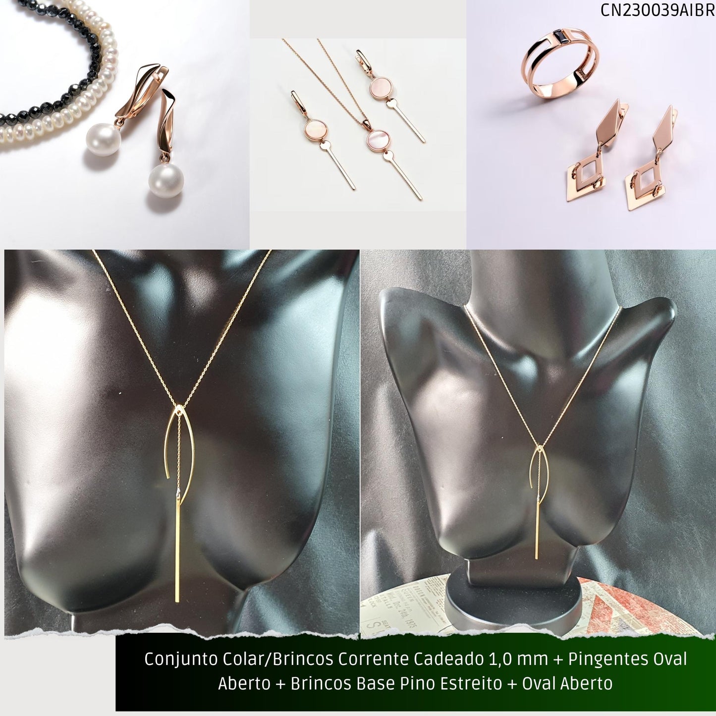 Conjunto Colar/Brincos Corrente Cadeado 1.0 mm + Pingentes Oval Aberto + Brincos Base Pino Estreito + Oval Aberto  - Código.: CN230039AIBR  - Peso.: 9.5 gr