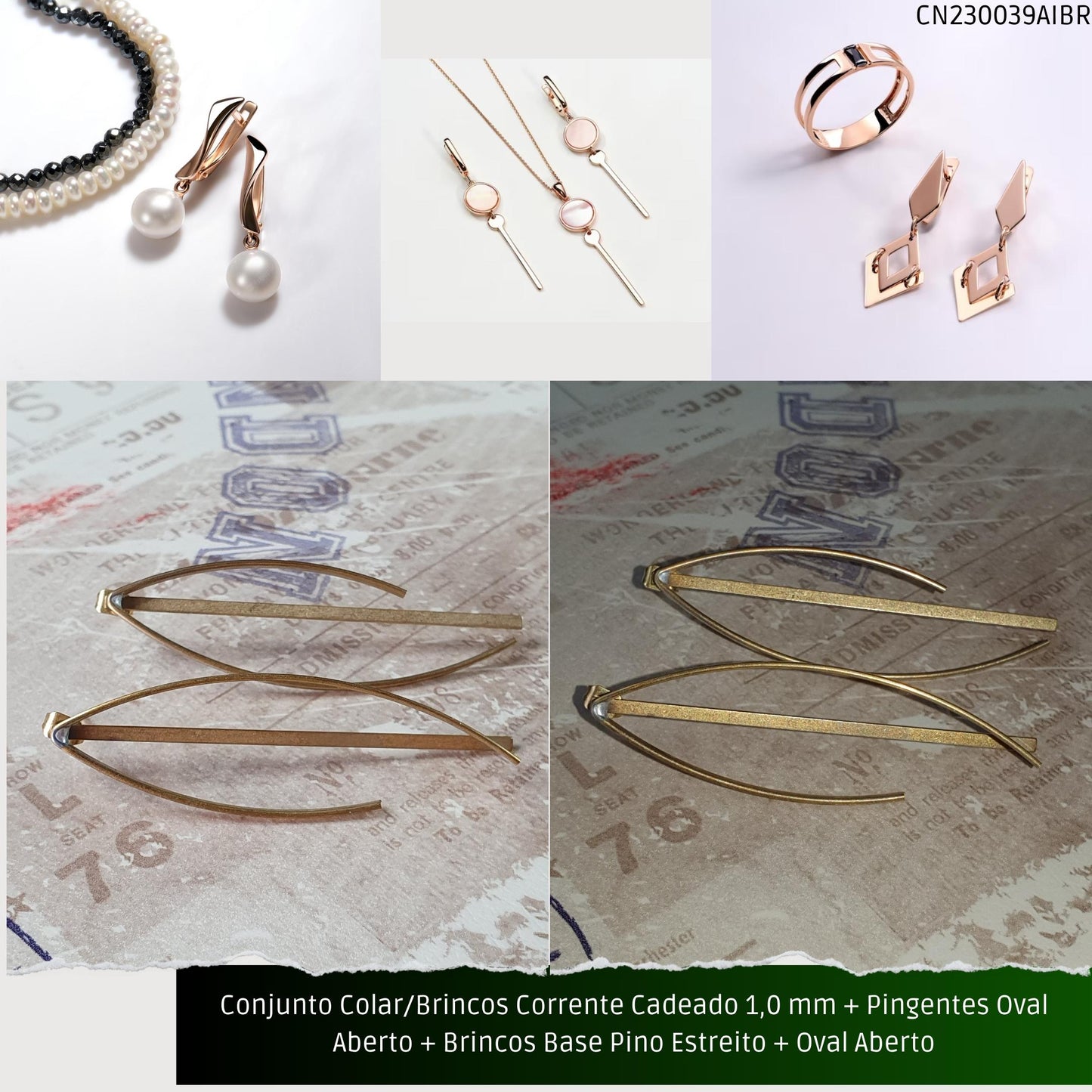 Conjunto Colar/Brincos Corrente Cadeado 1.0 mm + Pingentes Oval Aberto + Brincos Base Pino Estreito + Oval Aberto  - Código.: CN230039AIBR  - Peso.: 9.5 gr