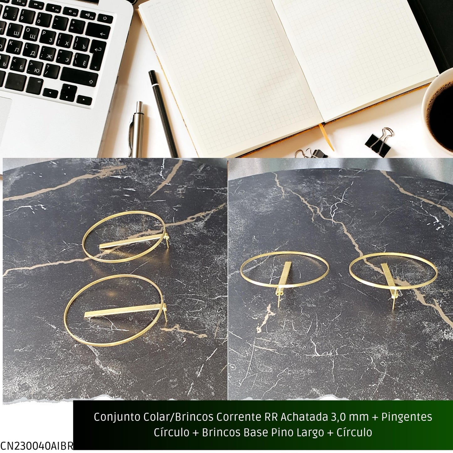 Conjunto Colar/Brincos Corrente RR Achatada 3.0 mm + Pingentes Círculo + Brincos Base Pino Largo + Círculo  - Código.: CN230040AIBR  - Peso.: 23.6 gr