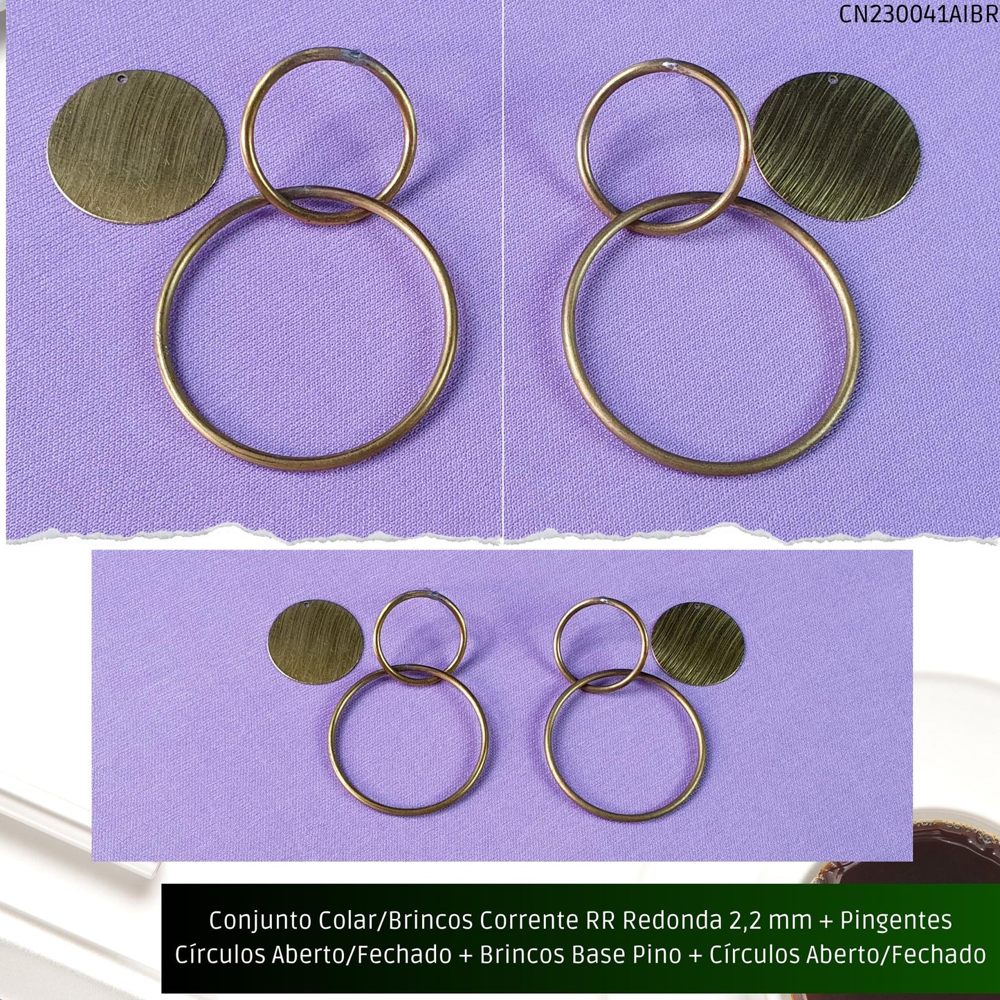 Conjunto Colar/Brincos Corrente RR Redonda 2.2 mm + Pingentes Círculos Aberto/Fechado + Brincos Base Pino + Círculos Aberto/Fechado  - Código.: CN230041AIBR  - Peso.: 33.7 gr
