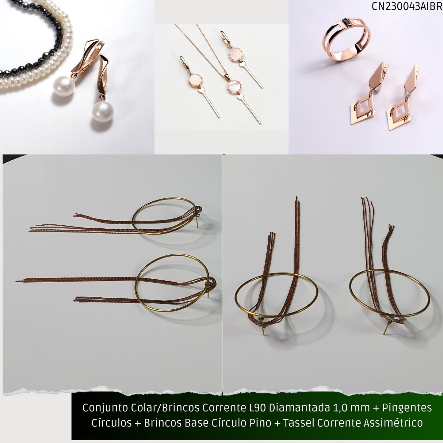 Conjunto Colar/Brincos Corrente L90 Diamantada 1.0 mm + Pingentes Círculos + Brincos Base Círculo Pino + Tassel Corrente Assimétrico  - Código.: CN230043AIBR  - Peso.: 16.2 gr