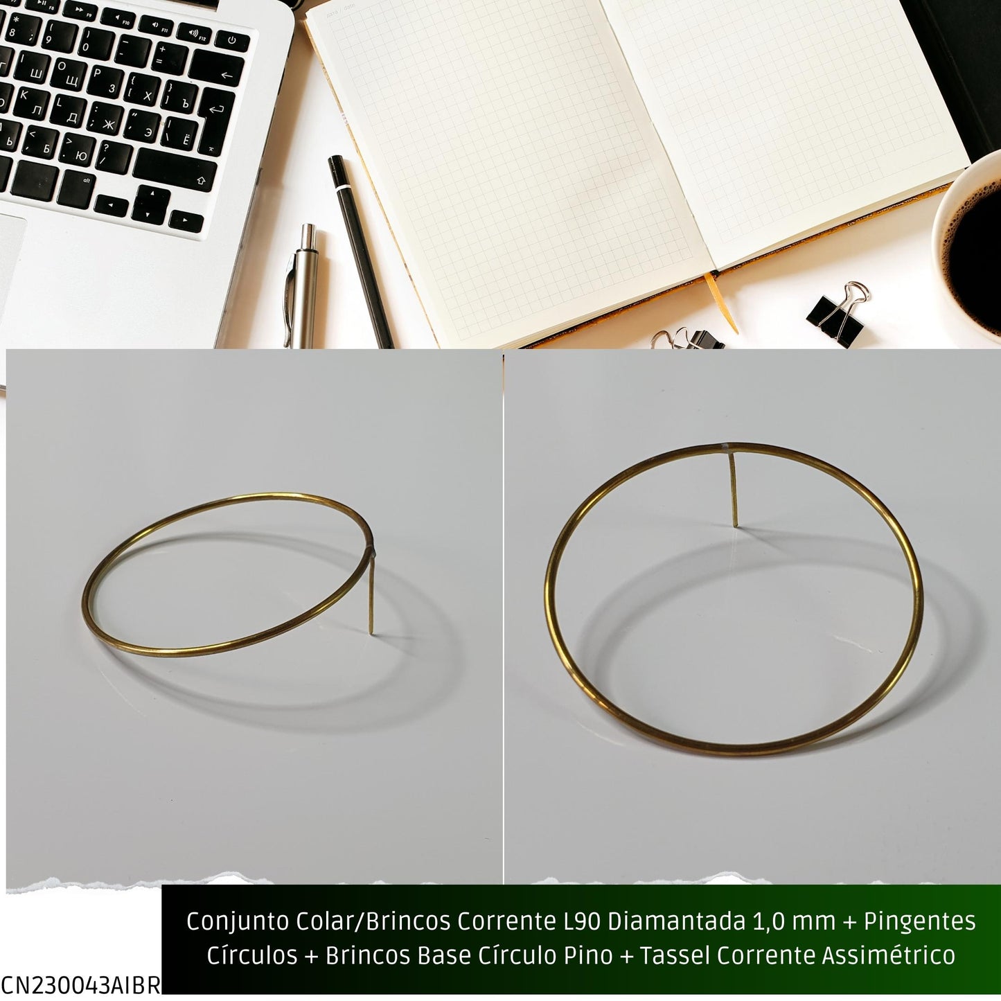 Conjunto Colar/Brincos Corrente L90 Diamantada 1.0 mm + Pingentes Círculos + Brincos Base Círculo Pino + Tassel Corrente Assimétrico  - Código.: CN230043AIBR  - Peso.: 16.2 gr