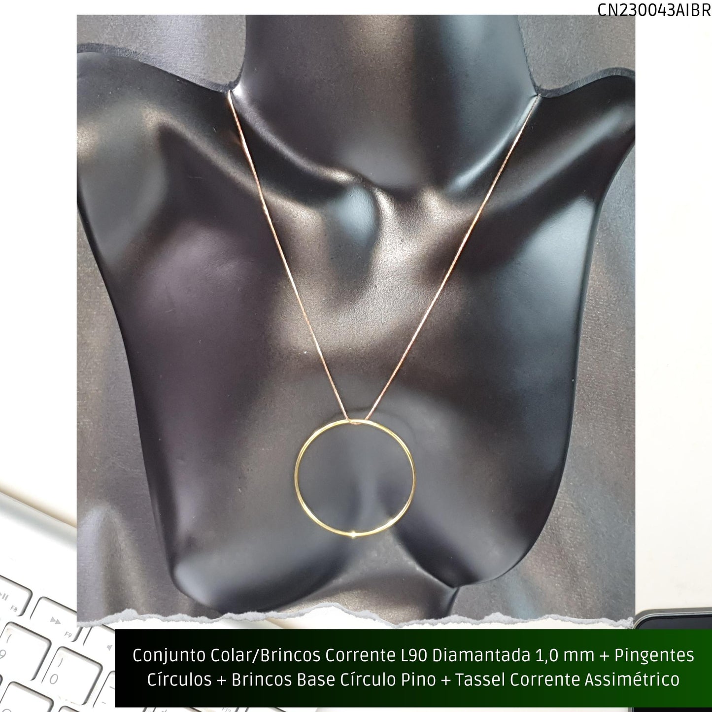 Conjunto Colar/Brincos Corrente L90 Diamantada 1.0 mm + Pingentes Círculos + Brincos Base Círculo Pino + Tassel Corrente Assimétrico  - Código.: CN230043AIBR  - Peso.: 16.2 gr