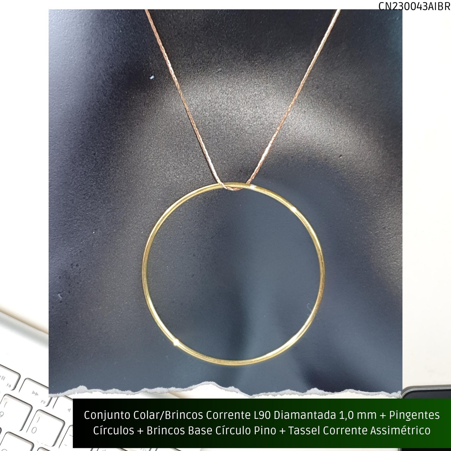 Conjunto Colar/Brincos Corrente L90 Diamantada 1.0 mm + Pingentes Círculos + Brincos Base Círculo Pino + Tassel Corrente Assimétrico  - Código.: CN230043AIBR  - Peso.: 16.2 gr