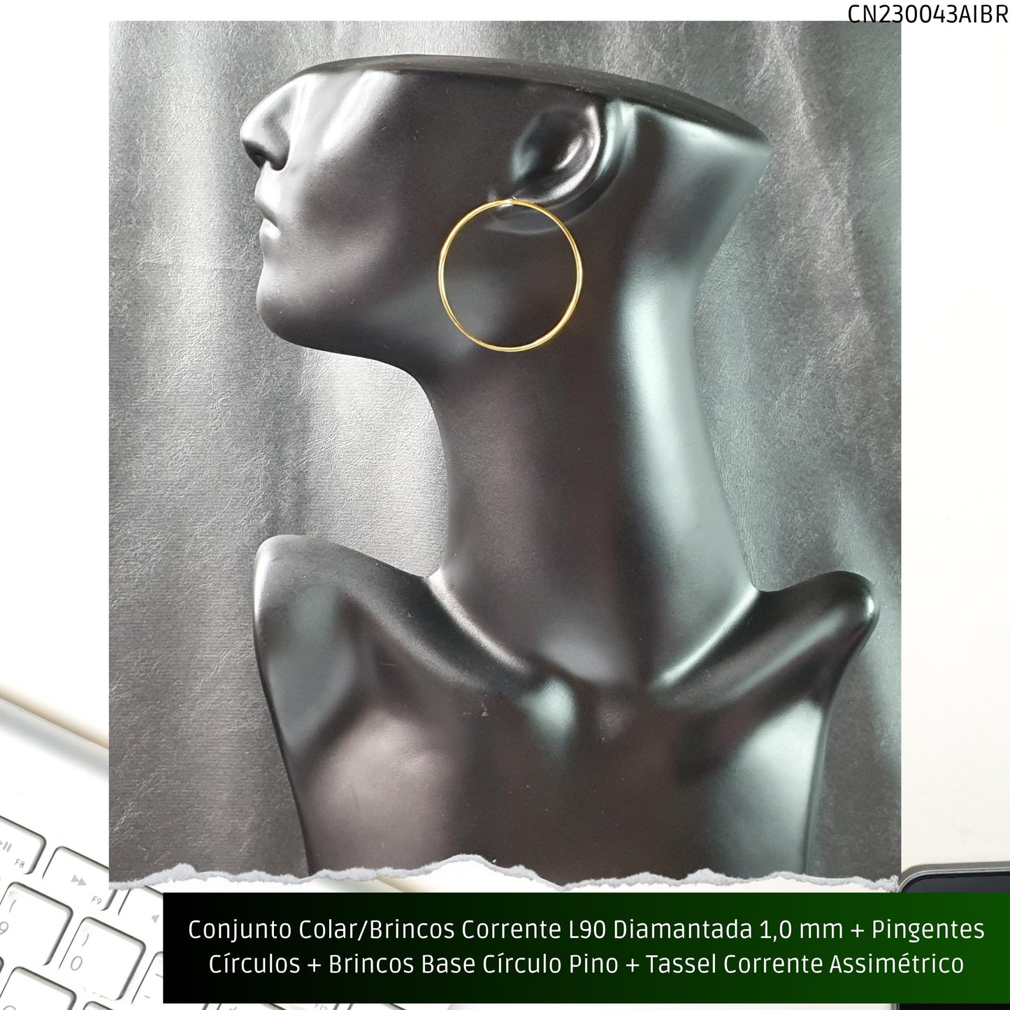 Conjunto Colar/Brincos Corrente L90 Diamantada 1.0 mm + Pingentes Círculos + Brincos Base Círculo Pino + Tassel Corrente Assimétrico  - Código.: CN230043AIBR  - Peso.: 16.2 gr
