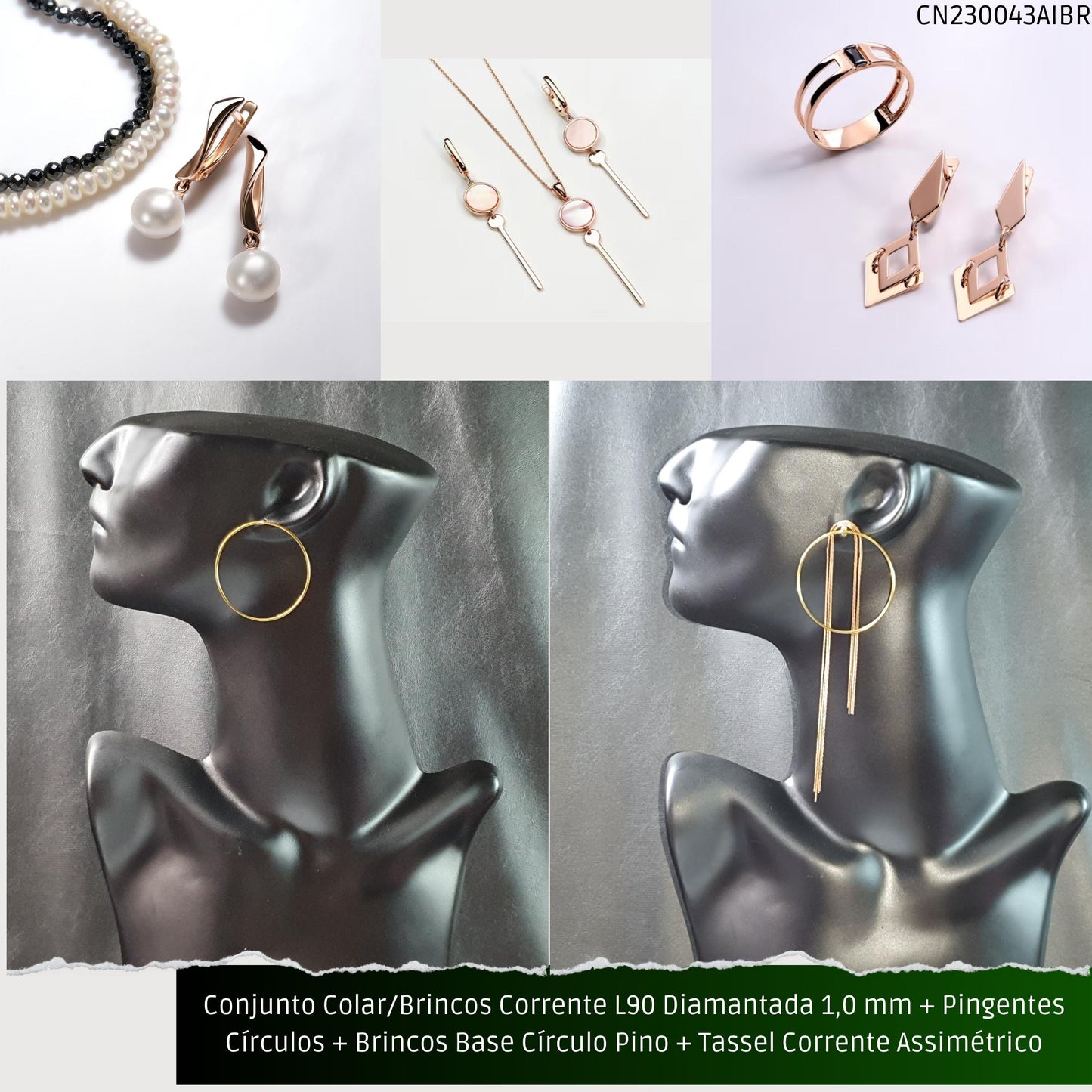 Conjunto Colar/Brincos Corrente L90 Diamantada 1.0 mm + Pingentes Círculos + Brincos Base Círculo Pino + Tassel Corrente Assimétrico  - Código.: CN230043AIBR  - Peso.: 16.2 gr