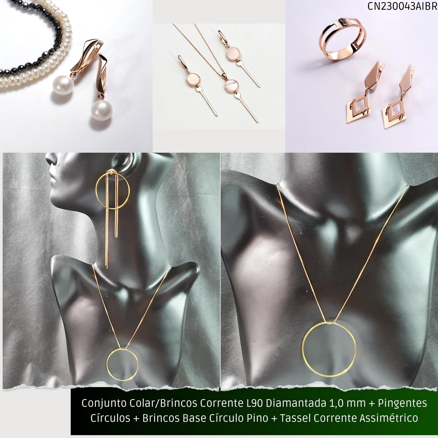 Conjunto Colar/Brincos Corrente L90 Diamantada 1.0 mm + Pingentes Círculos + Brincos Base Círculo Pino + Tassel Corrente Assimétrico  - Código.: CN230043AIBR  - Peso.: 16.2 gr