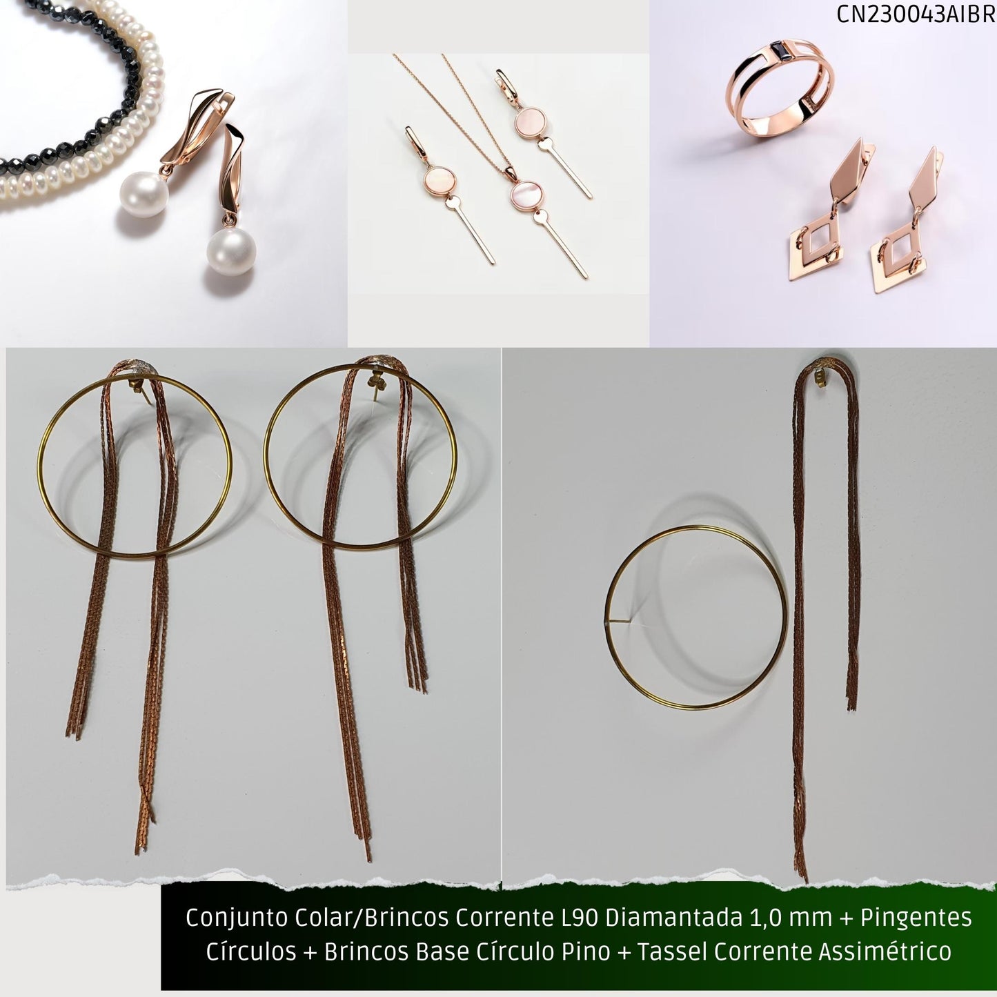 Conjunto Colar/Brincos Corrente L90 Diamantada 1.0 mm + Pingentes Círculos + Brincos Base Círculo Pino + Tassel Corrente Assimétrico  - Código.: CN230043AIBR  - Peso.: 16.2 gr