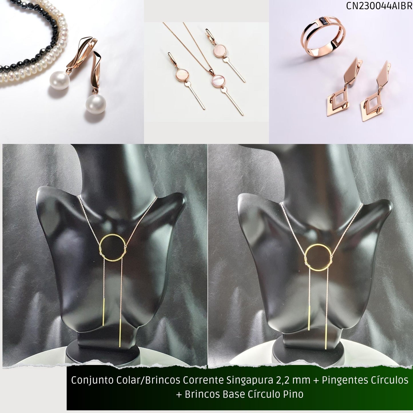 Conjunto Colar/Brincos Corrente Singapura 2.2 mm + Pingentes Círculos + Brincos Base Círculo Pino  - Código.: CN230044AIBR  - Peso.: 19.0 gr