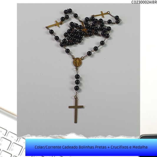 Colar/Corrente Cadeado Bolinhas Pretas + Crucifixos e Medalha  - Código.: CO230002AIBR  - Peso.: 10.1 gr