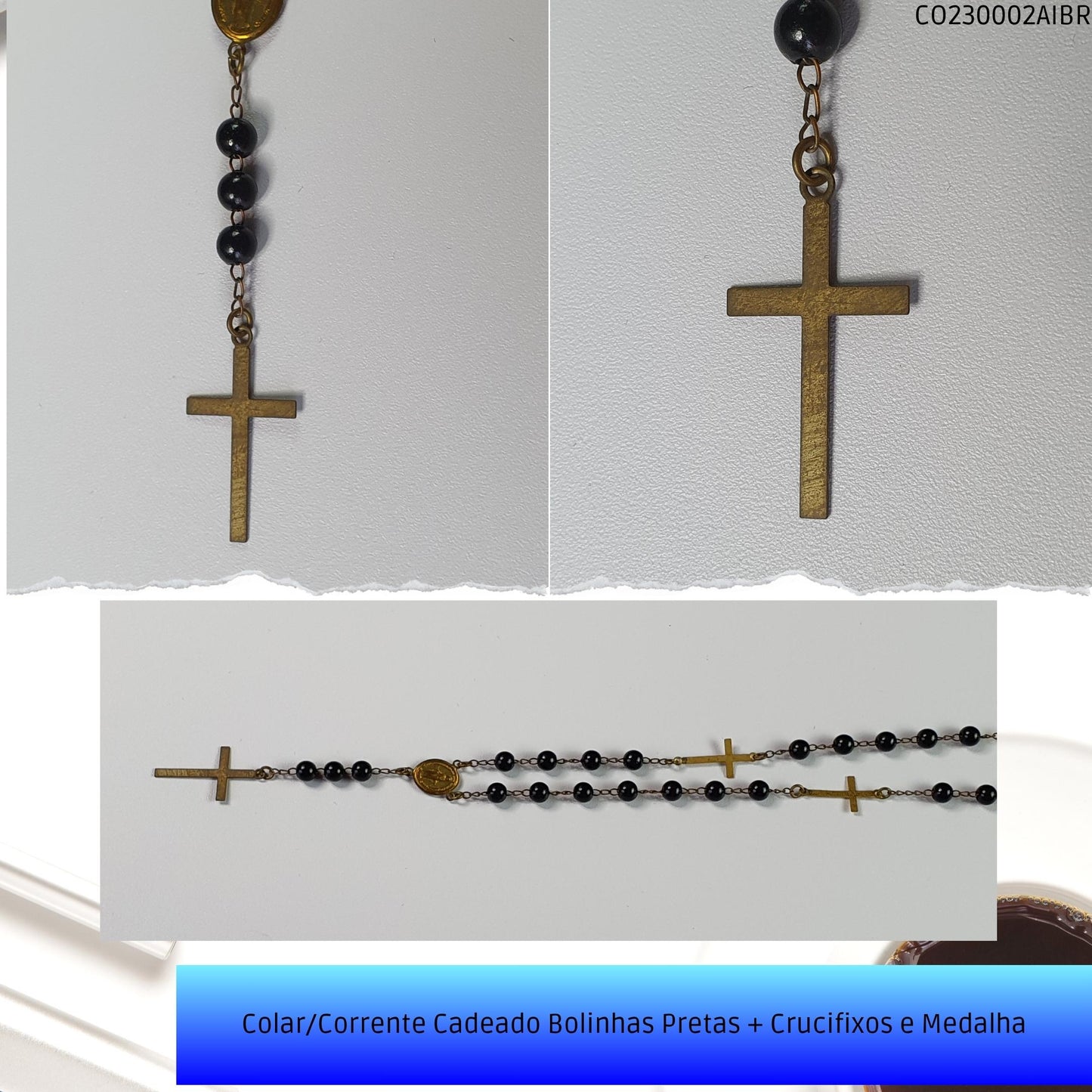 Colar/Corrente Cadeado Bolinhas Pretas + Crucifixos e Medalha  - Código.: CO230002AIBR  - Peso.: 10.1 gr