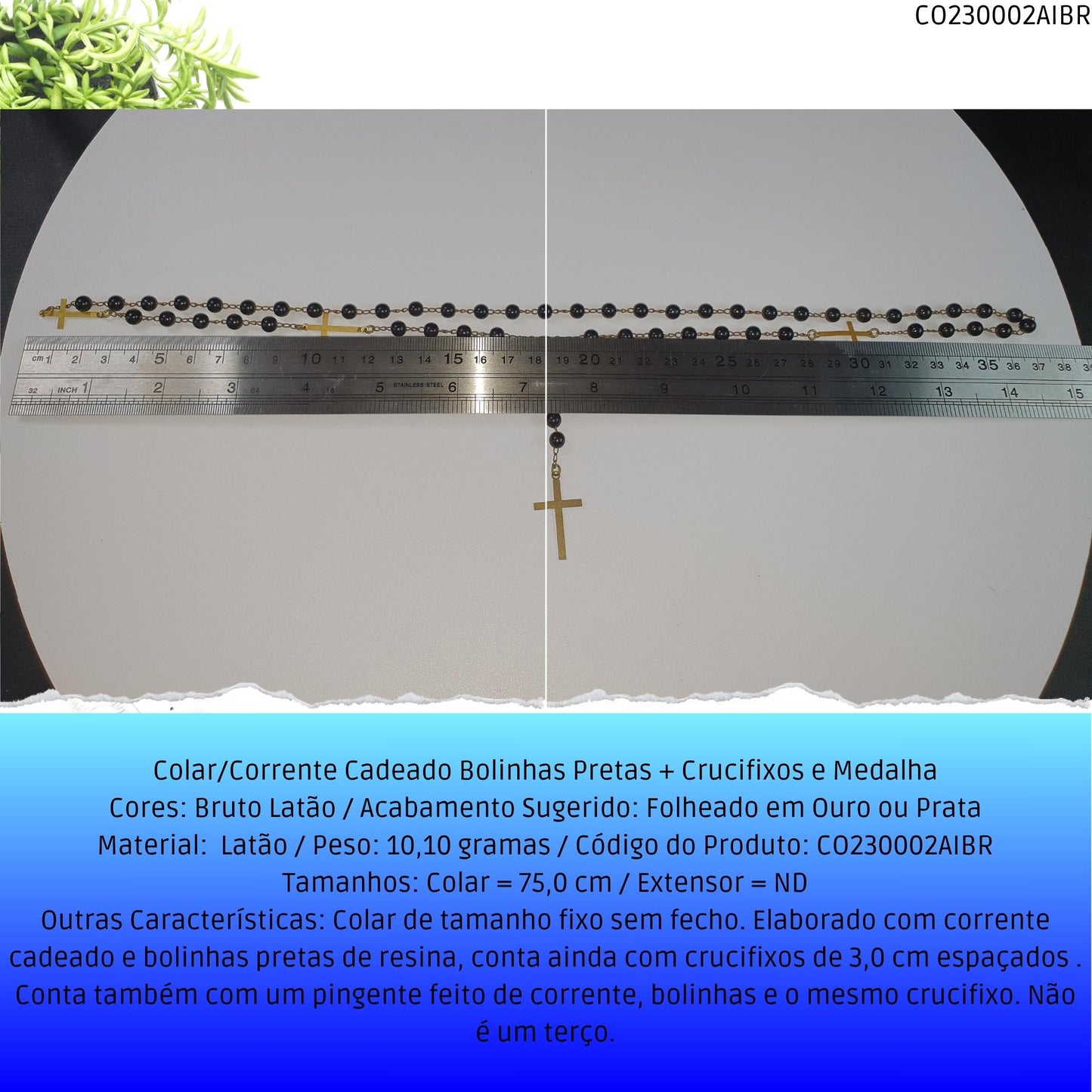 Colar/Corrente Cadeado Bolinhas Pretas + Crucifixos e Medalha  - Código.: CO230002AIBR  - Peso.: 10.1 gr