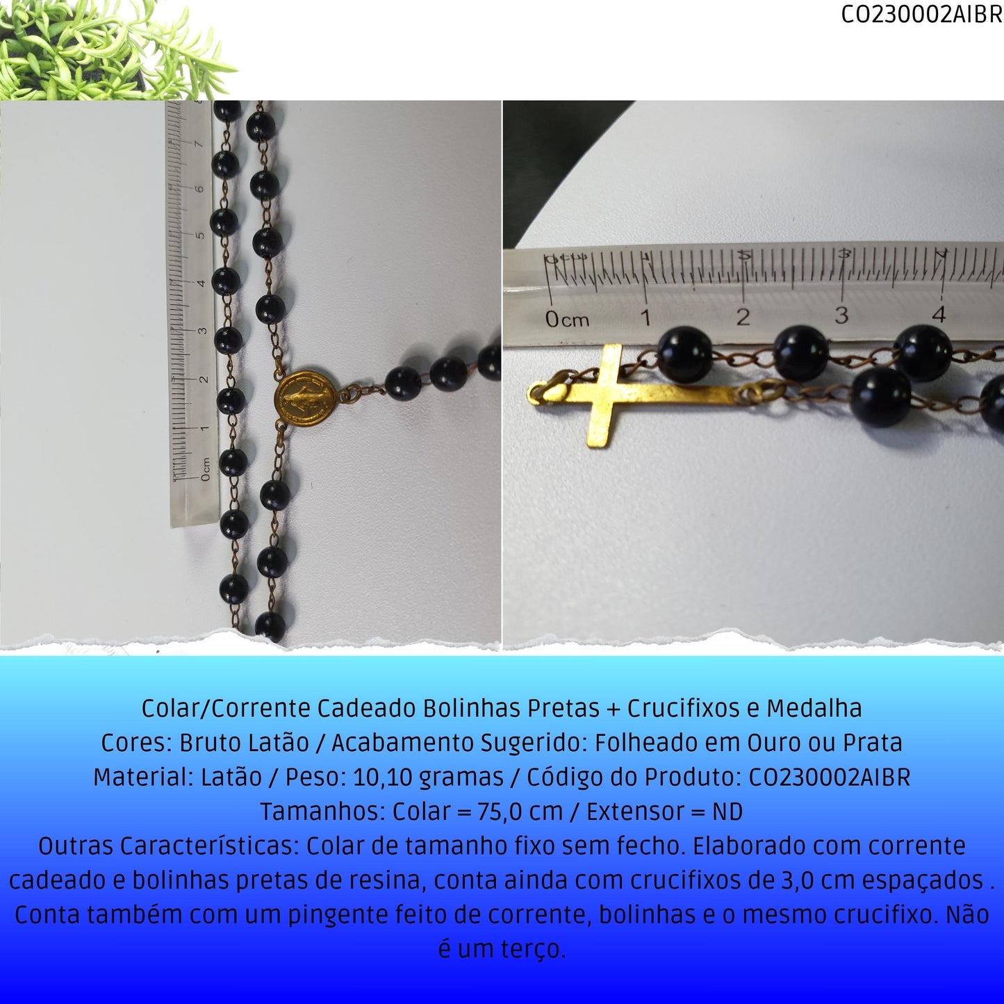 Colar/Corrente Cadeado Bolinhas Pretas + Crucifixos e Medalha  - Código.: CO230002AIBR  - Peso.: 10.1 gr