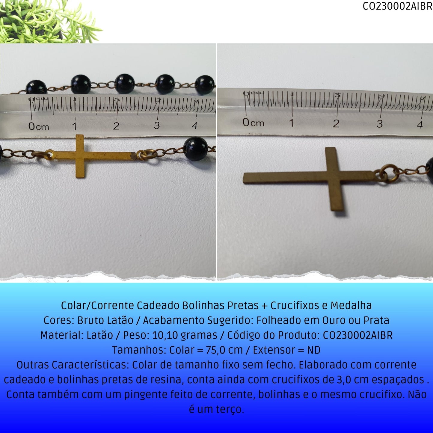 Colar/Corrente Cadeado Bolinhas Pretas + Crucifixos e Medalha  - Código.: CO230002AIBR  - Peso.: 10.1 gr