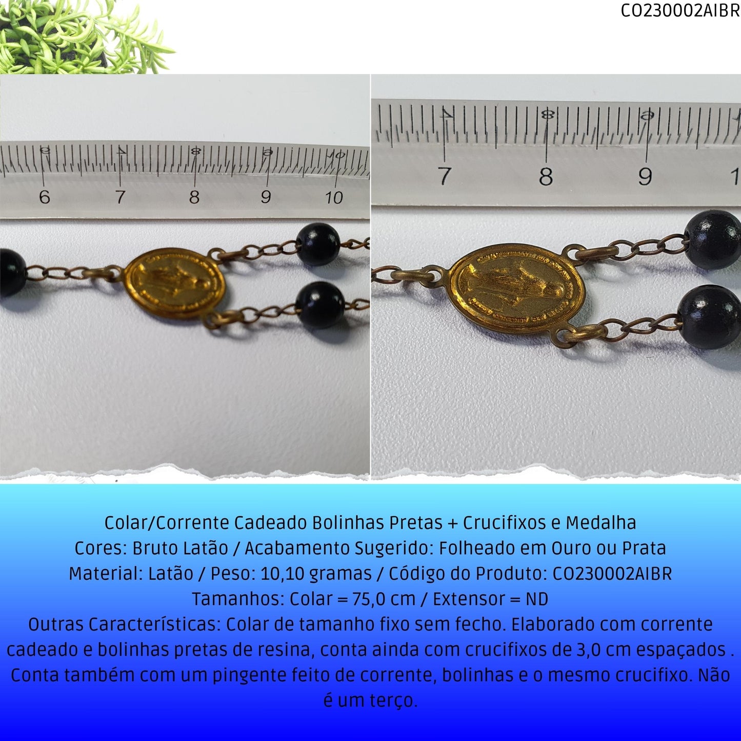 Colar/Corrente Cadeado Bolinhas Pretas + Crucifixos e Medalha  - Código.: CO230002AIBR  - Peso.: 10.1 gr
