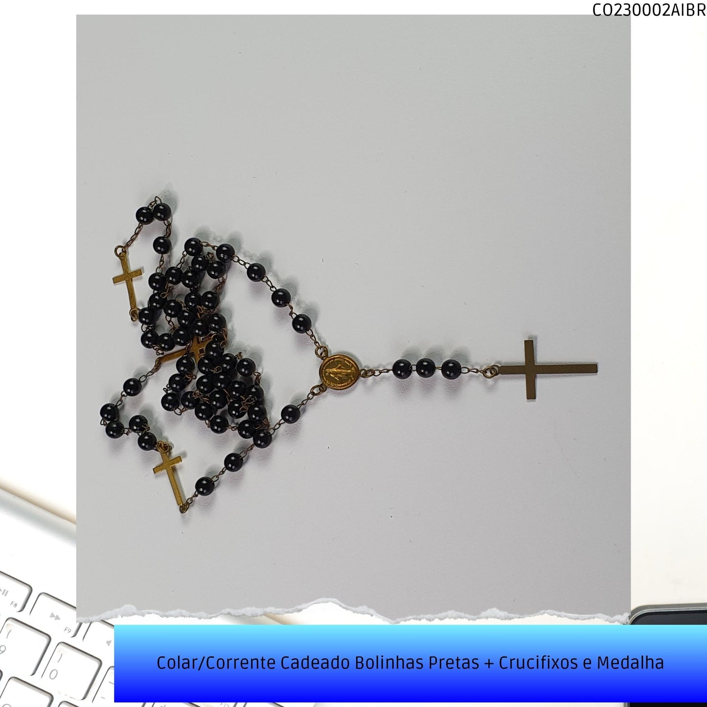 Colar/Corrente Cadeado Bolinhas Pretas + Crucifixos e Medalha  - Código.: CO230002AIBR  - Peso.: 10.1 gr