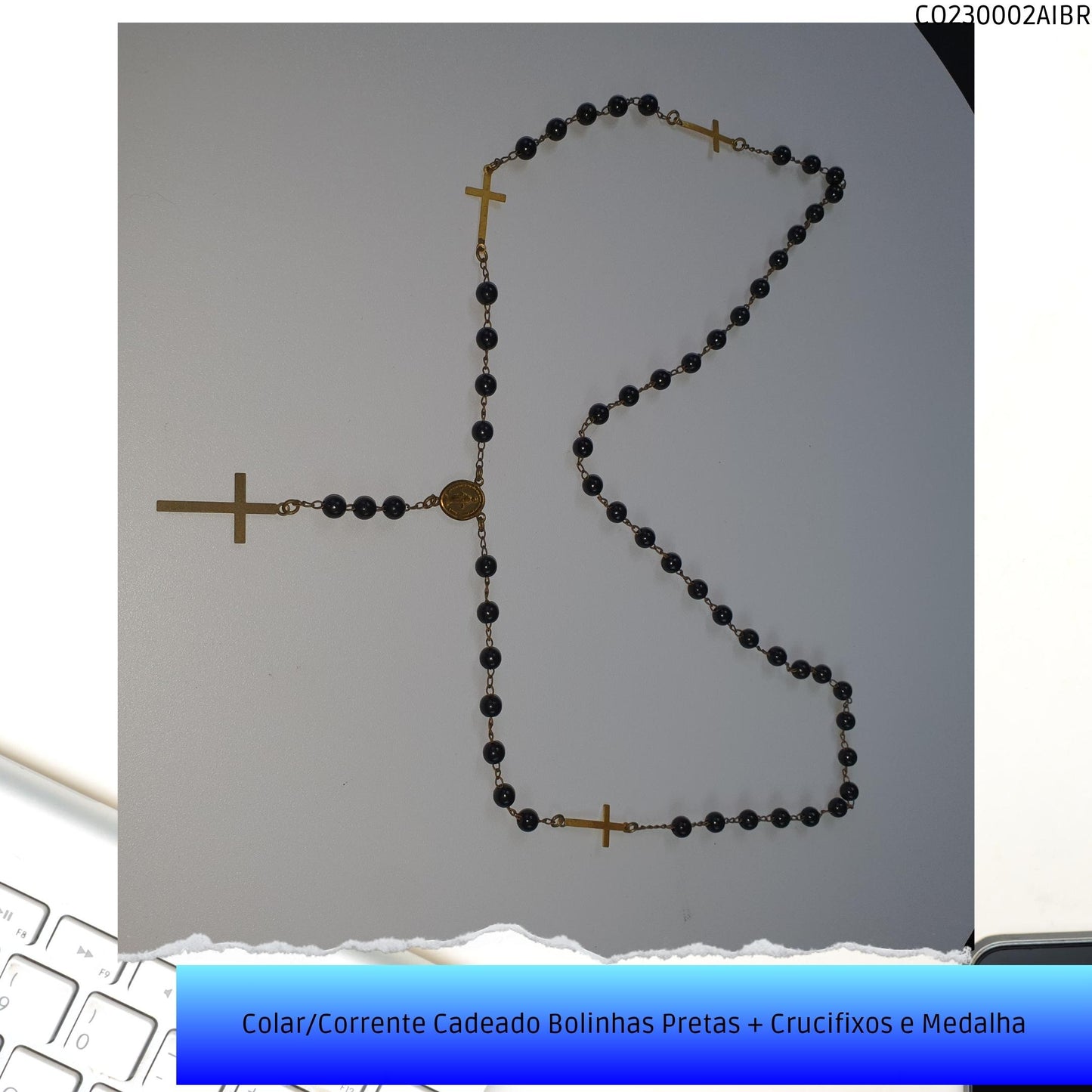 Colar/Corrente Cadeado Bolinhas Pretas + Crucifixos e Medalha  - Código.: CO230002AIBR  - Peso.: 10.1 gr