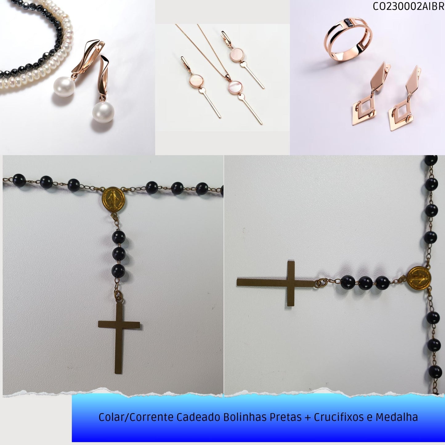 Colar/Corrente Cadeado Bolinhas Pretas + Crucifixos e Medalha  - Código.: CO230002AIBR  - Peso.: 10.1 gr