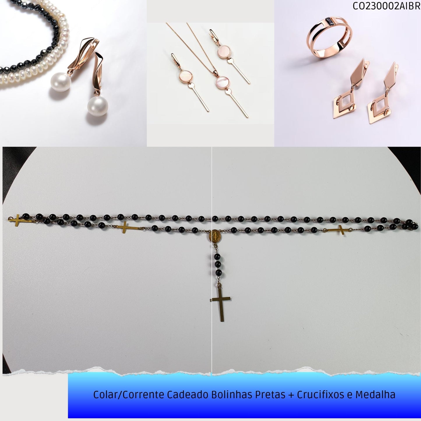 Colar/Corrente Cadeado Bolinhas Pretas + Crucifixos e Medalha  - Código.: CO230002AIBR  - Peso.: 10.1 gr