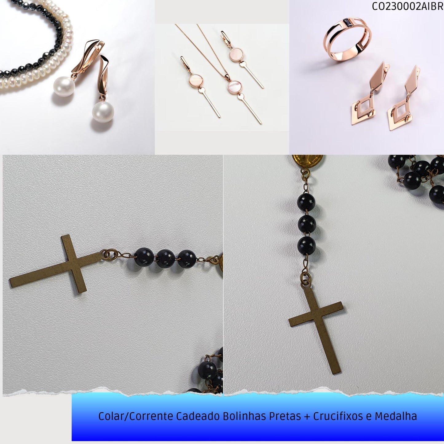Colar/Corrente Cadeado Bolinhas Pretas + Crucifixos e Medalha  - Código.: CO230002AIBR  - Peso.: 10.1 gr