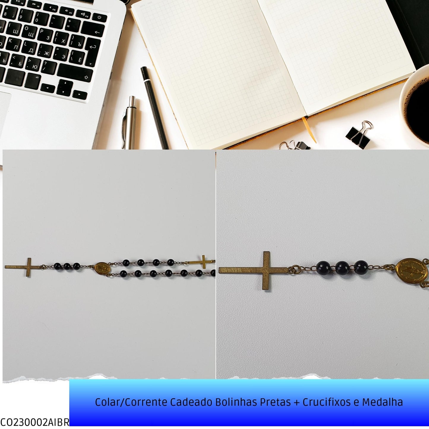 Colar/Corrente Cadeado Bolinhas Pretas + Crucifixos e Medalha  - Código.: CO230002AIBR  - Peso.: 10.1 gr