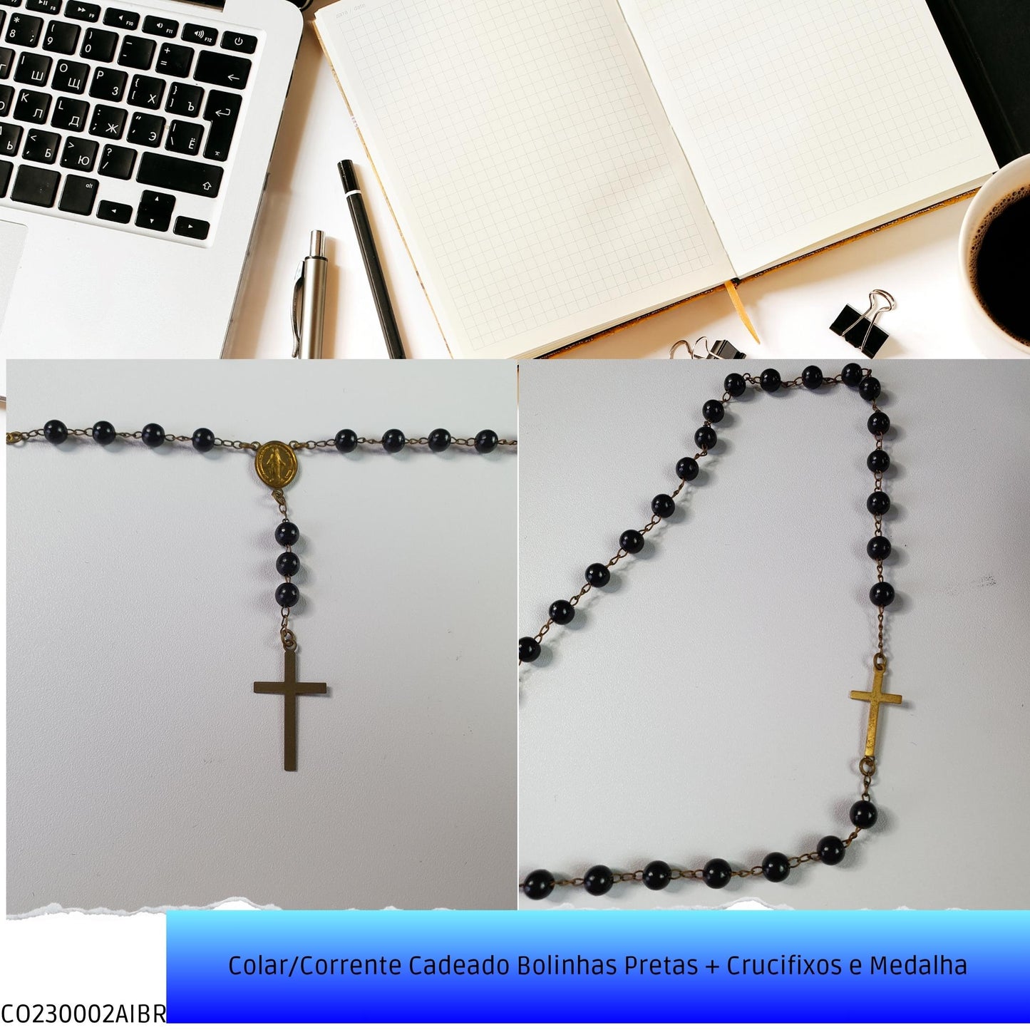 Colar/Corrente Cadeado Bolinhas Pretas + Crucifixos e Medalha  - Código.: CO230002AIBR  - Peso.: 10.1 gr