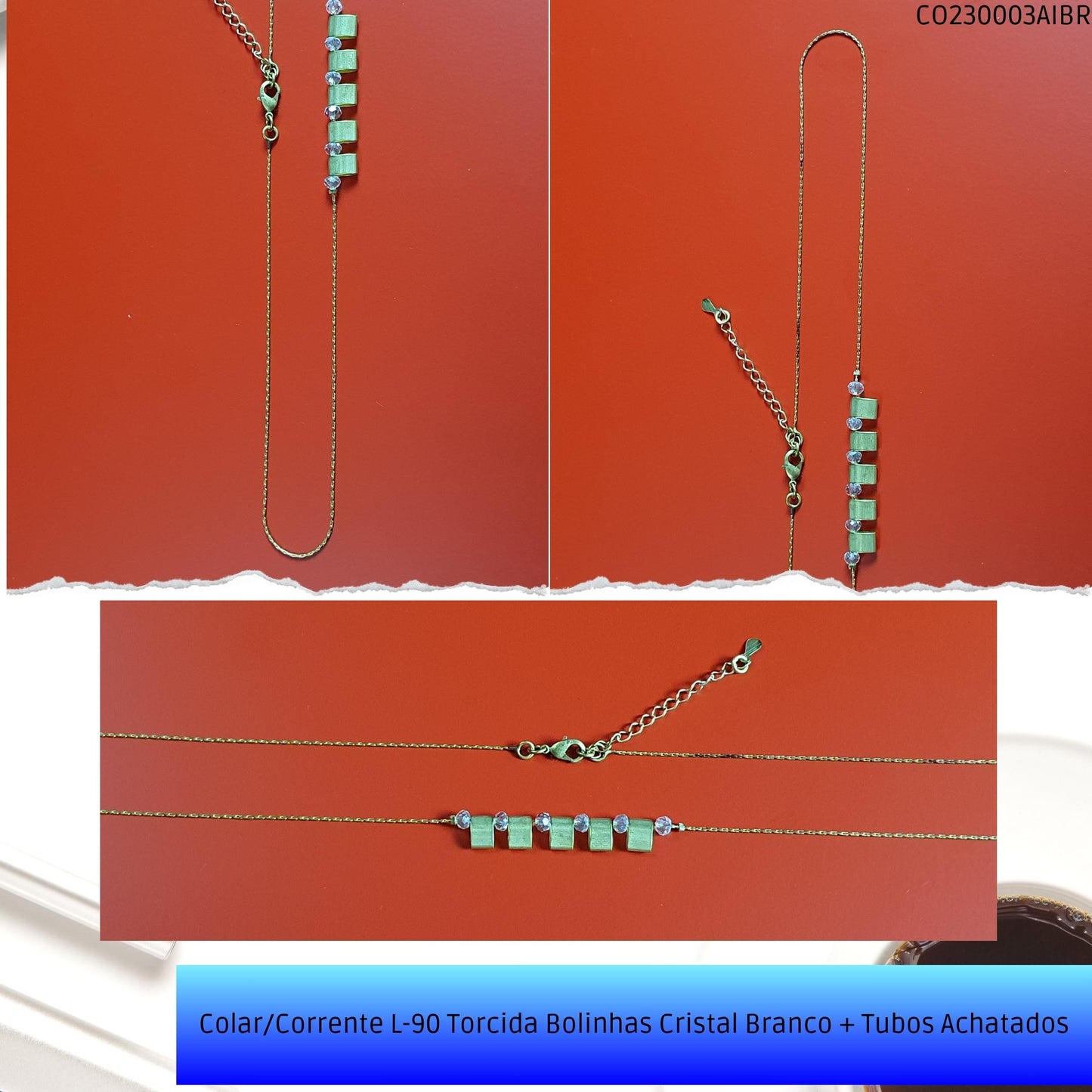 Colar/Corrente L-90 Torcida Bolinhas Cristal Branco + Tubos Achatados  - Código.: CO230003AIBR  - Peso.: 4.7 gr