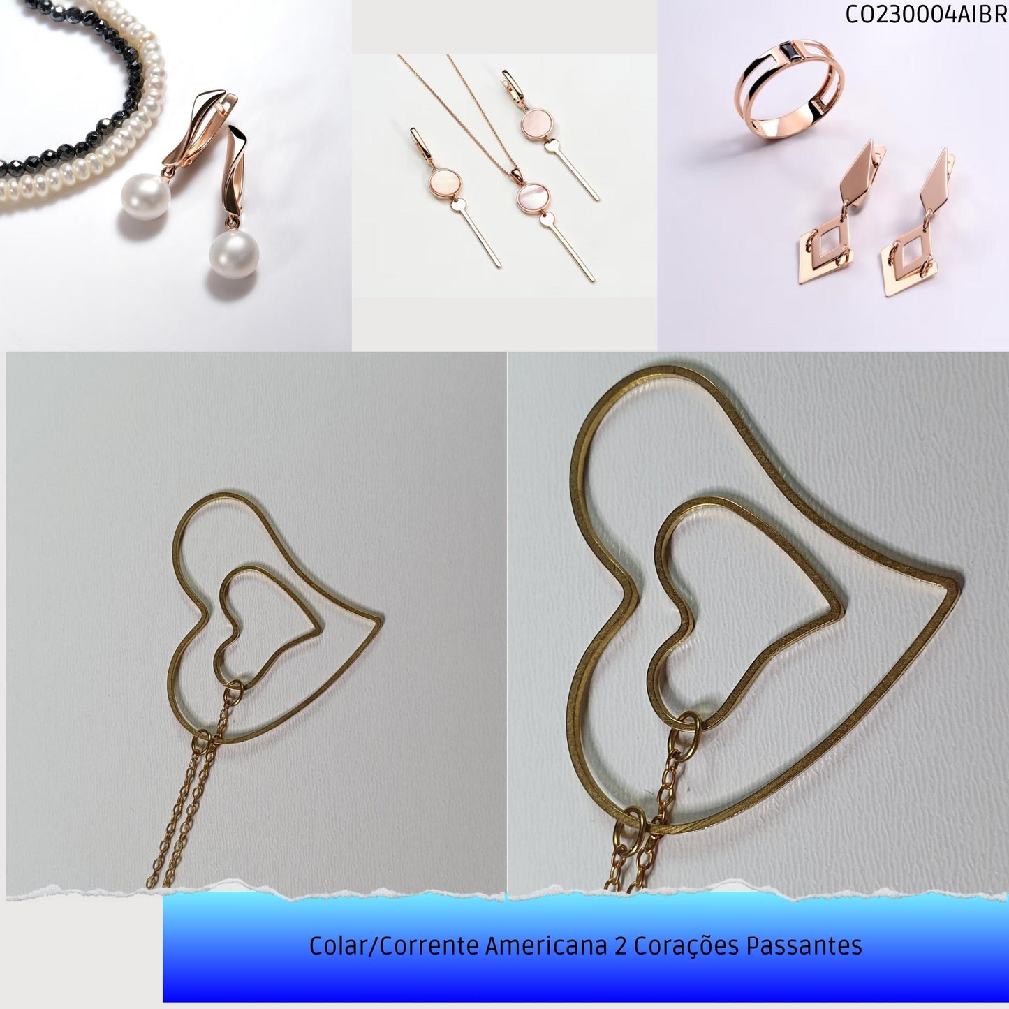 Colar/Corrente Americana 2 Corações Passantes  - Código.: CO230004AIBR  - Peso.: 2.6 gr