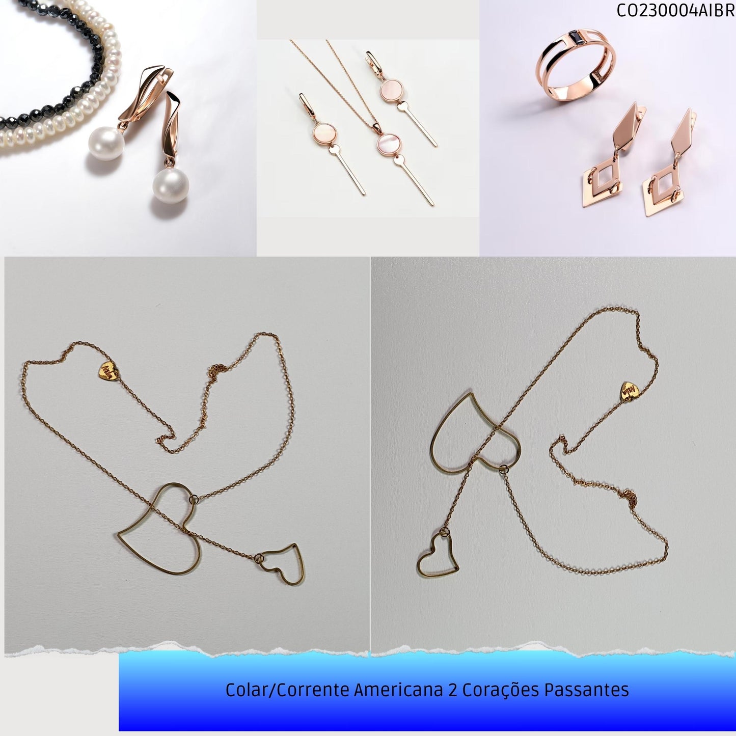 Colar/Corrente Americana 2 Corações Passantes  - Código.: CO230004AIBR  - Peso.: 2.6 gr
