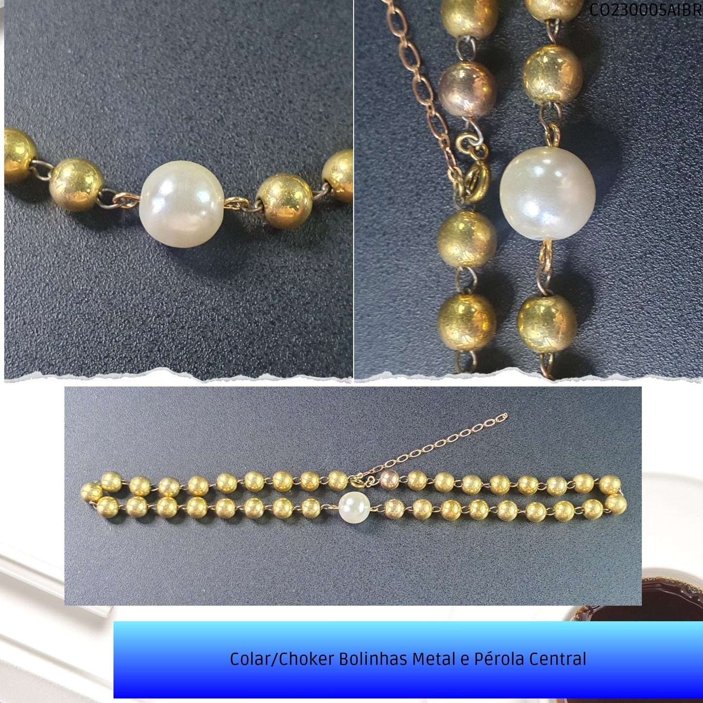 Colar/Choker Bolinhas Metal e Pérola Central  - Código.: CO230005AIBR  - Peso.: 14.1 gr