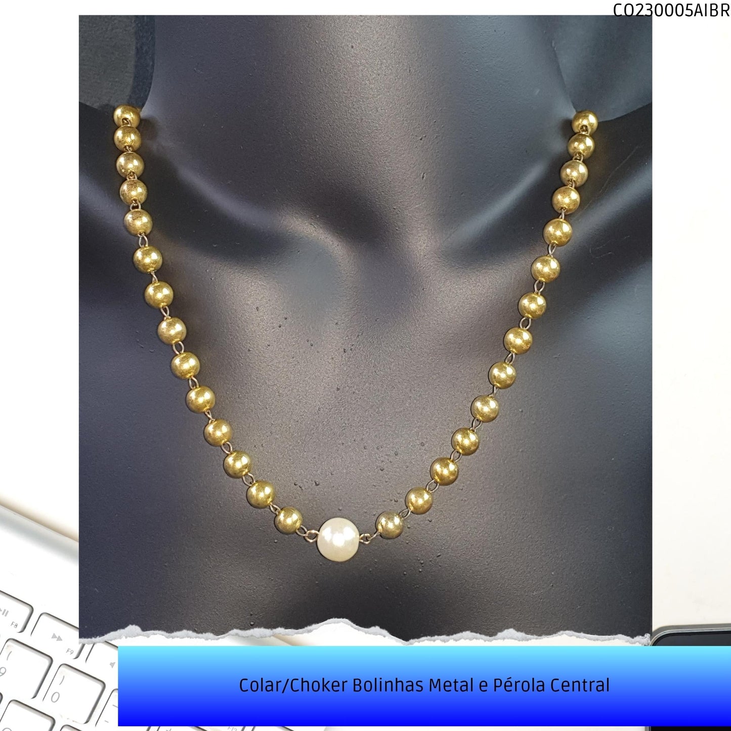 Colar/Choker Bolinhas Metal e Pérola Central  - Código.: CO230005AIBR  - Peso.: 14.1 gr
