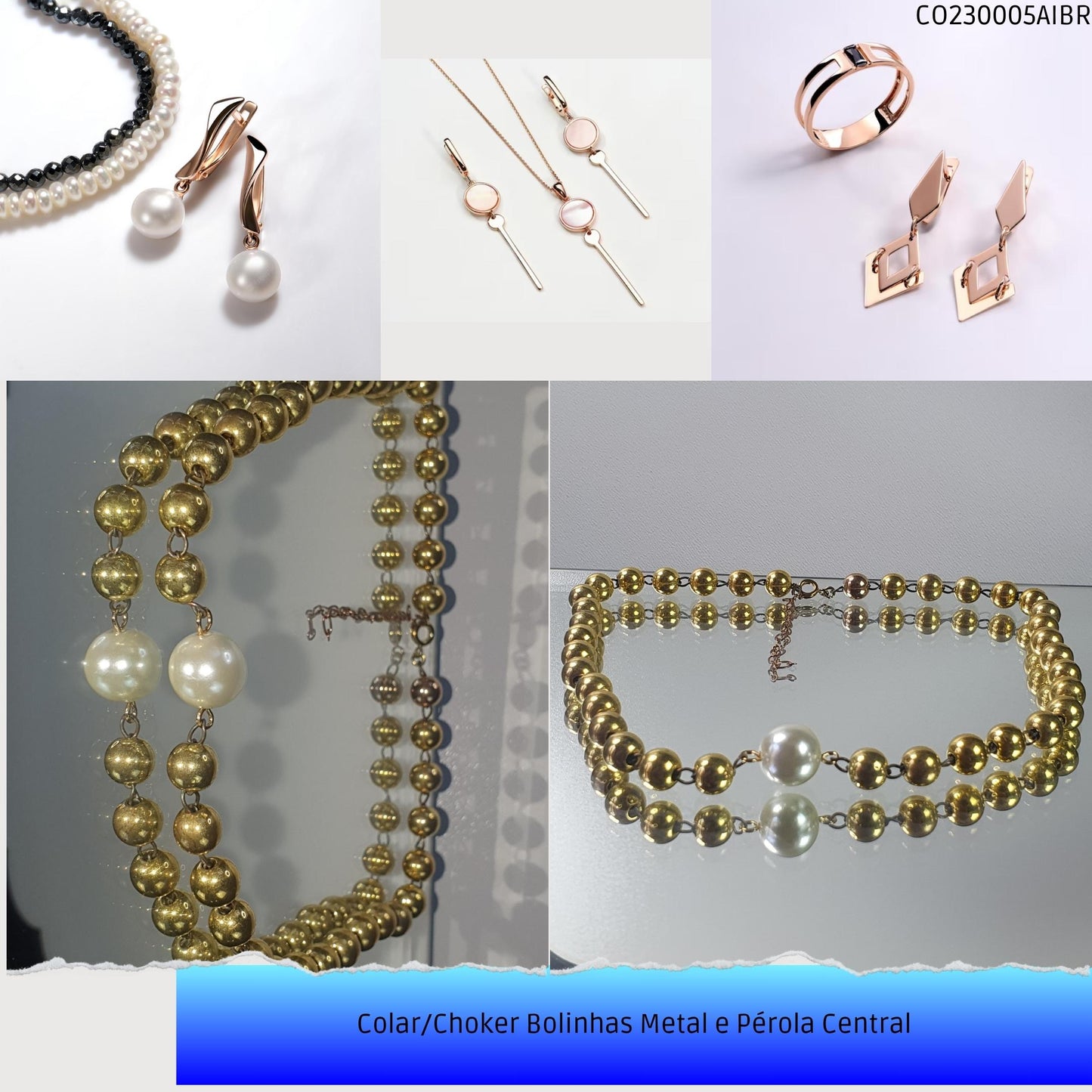 Colar/Choker Bolinhas Metal e Pérola Central  - Código.: CO230005AIBR  - Peso.: 14.1 gr