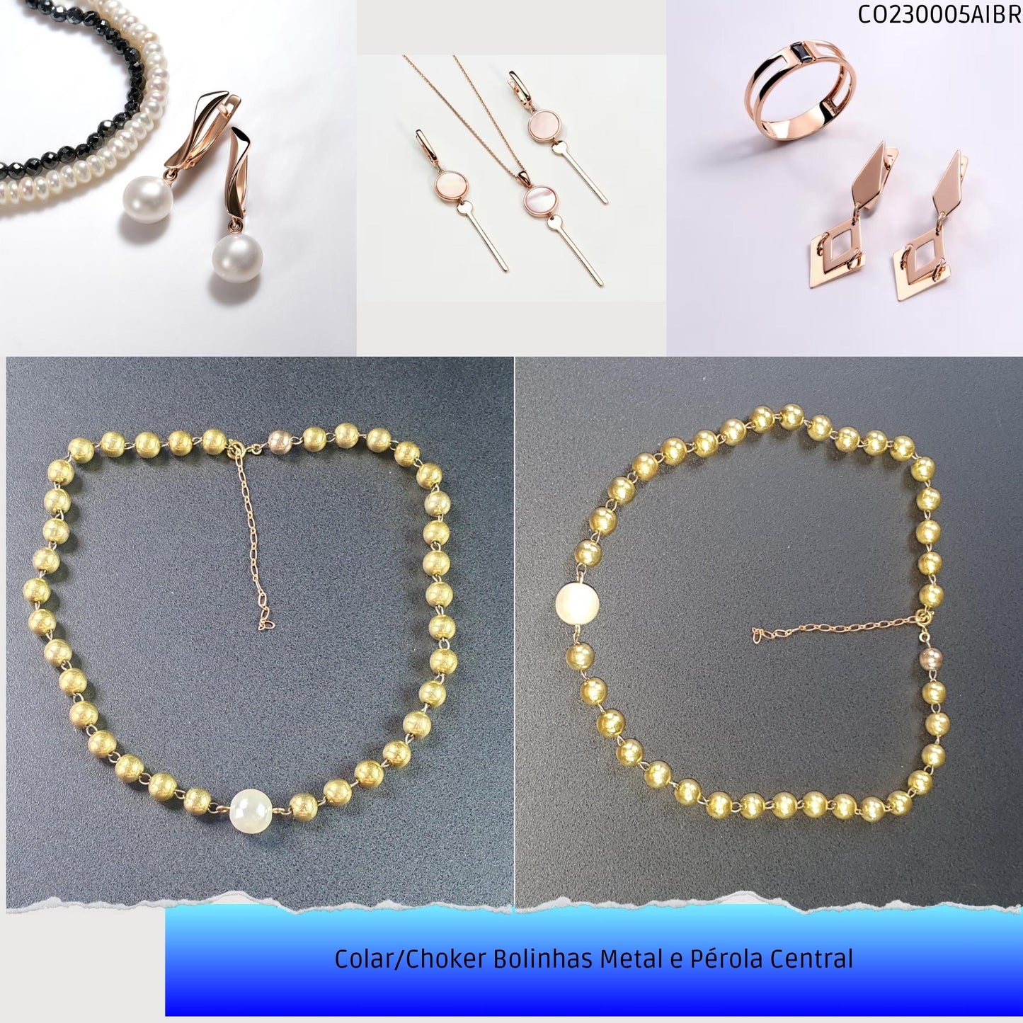 Colar/Choker Bolinhas Metal e Pérola Central  - Código.: CO230005AIBR  - Peso.: 14.1 gr