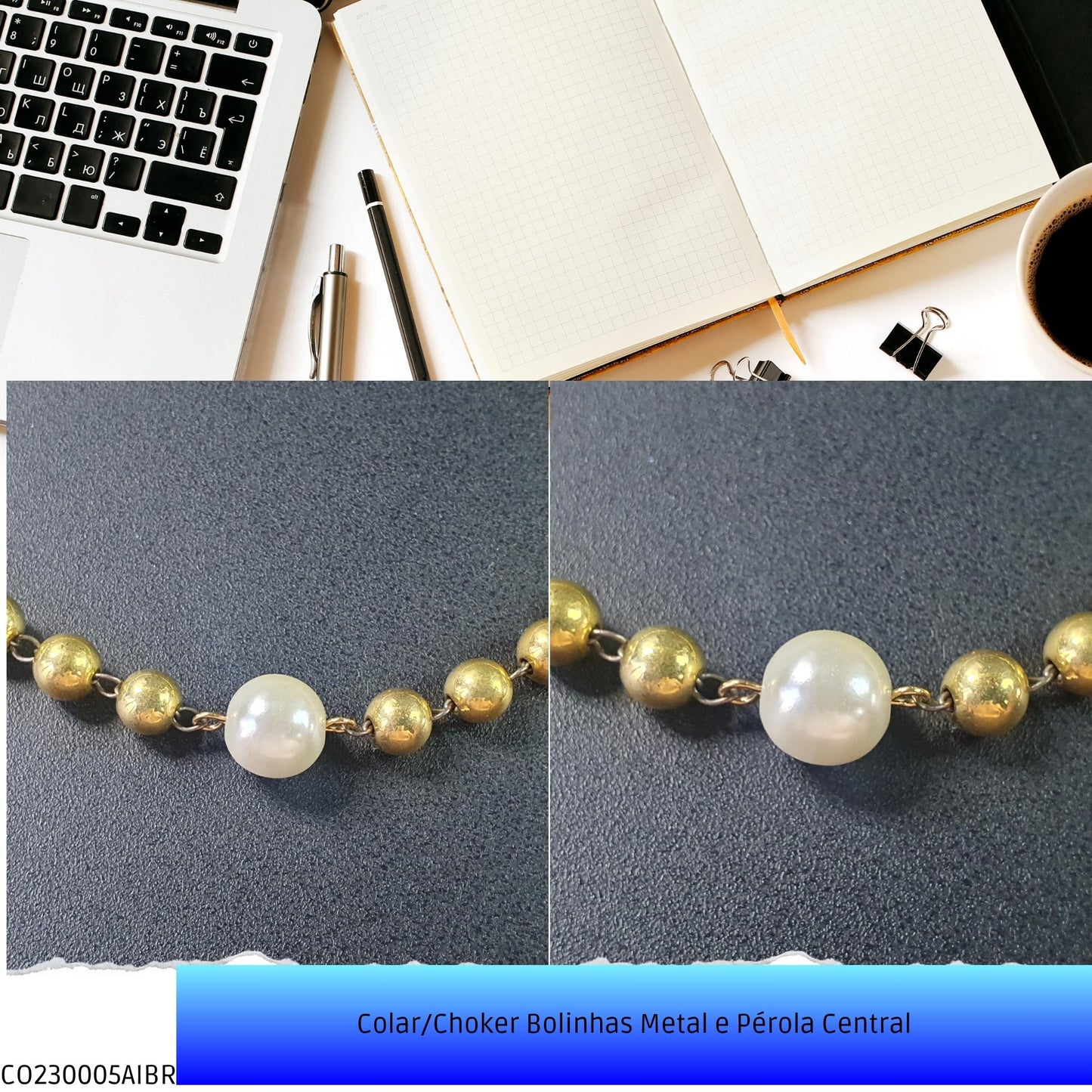 Colar/Choker Bolinhas Metal e Pérola Central  - Código.: CO230005AIBR  - Peso.: 14.1 gr