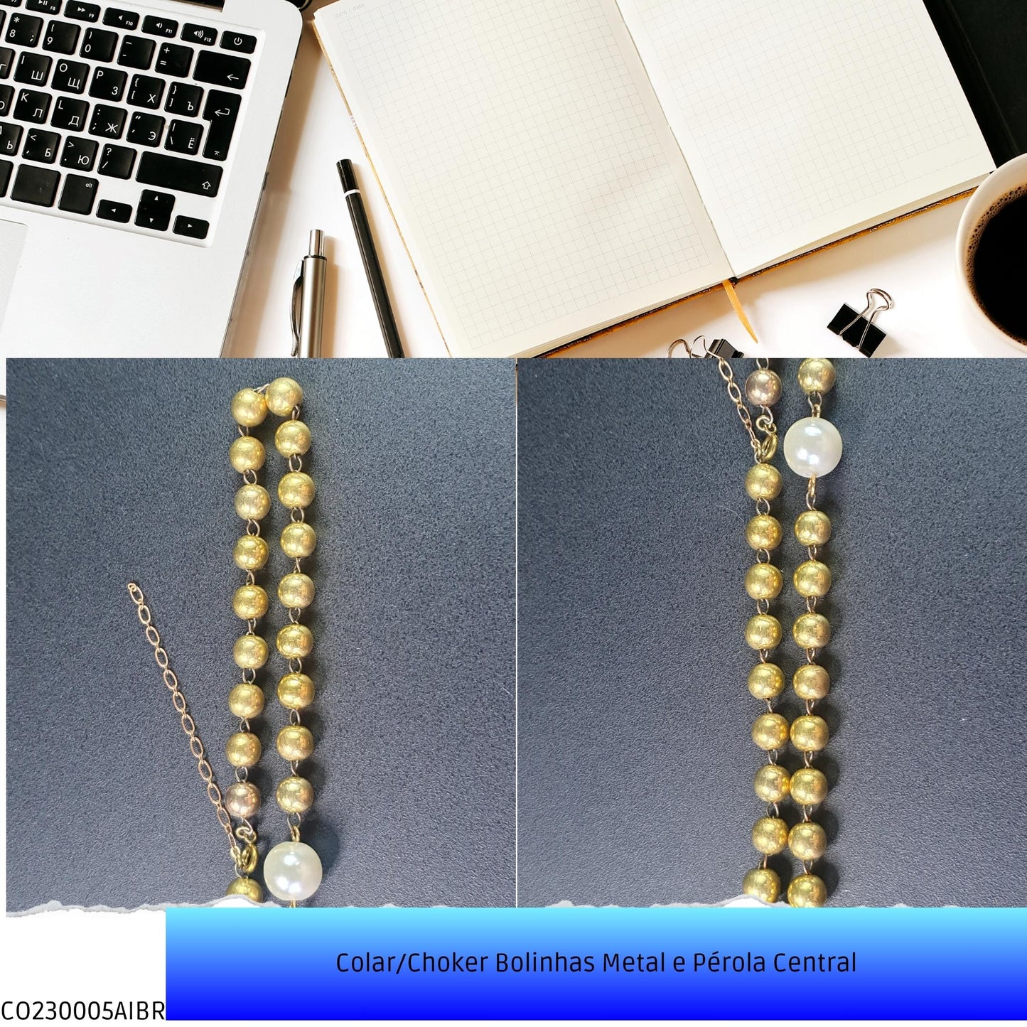 Colar/Choker Bolinhas Metal e Pérola Central  - Código.: CO230005AIBR  - Peso.: 14.1 gr