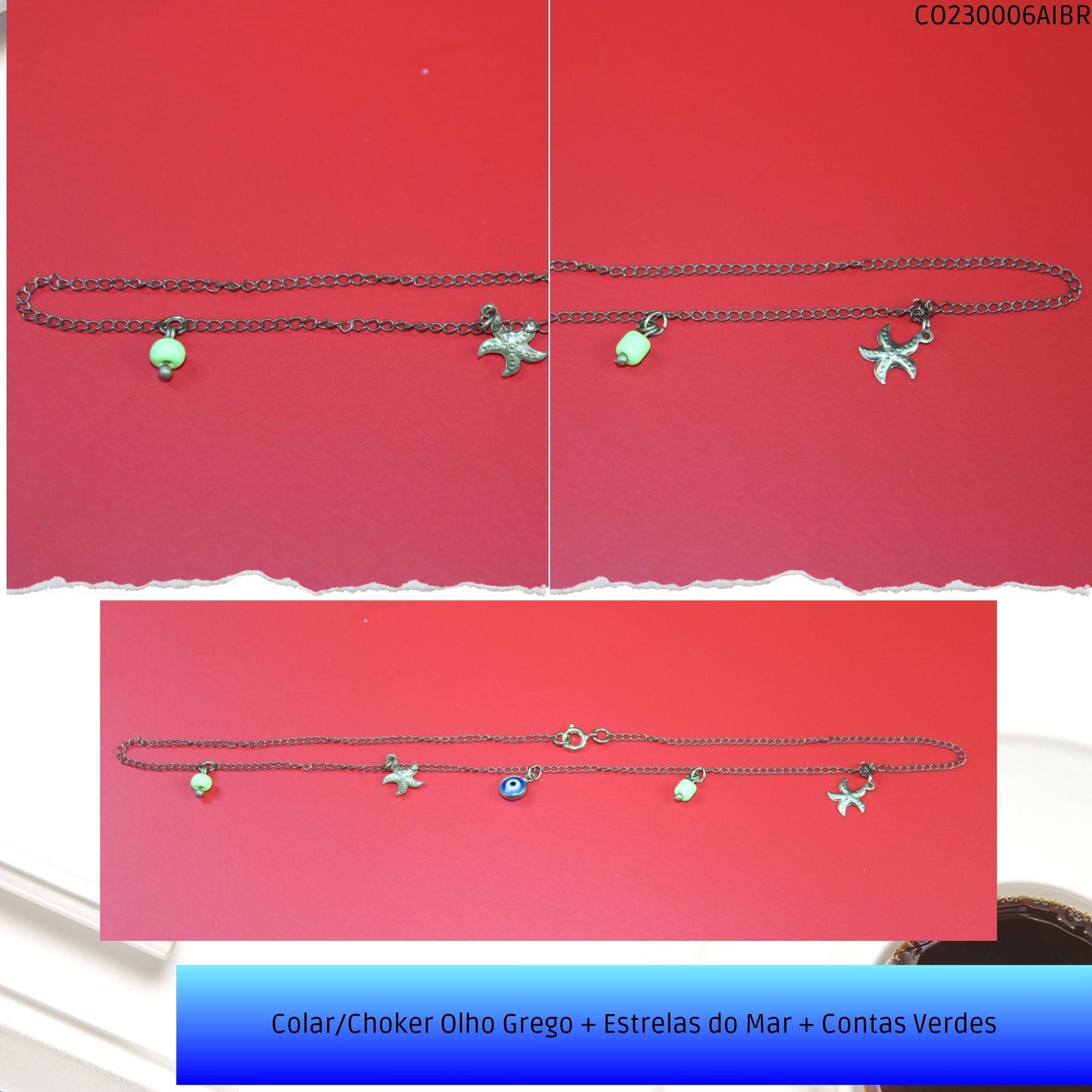 Colar/Choker Olho Grego + Estrelas do Mar + Contas Verdes  - Código.: CO230006AIBR  - Peso.: 2.3 gr