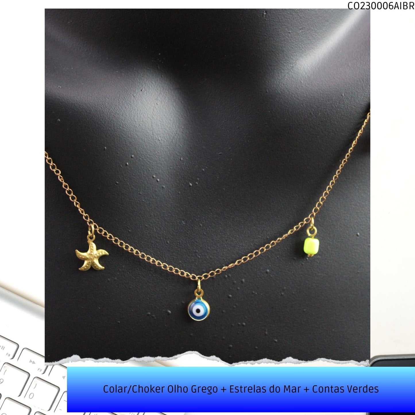 Colar/Choker Olho Grego + Estrelas do Mar + Contas Verdes  - Código.: CO230006AIBR  - Peso.: 2.3 gr