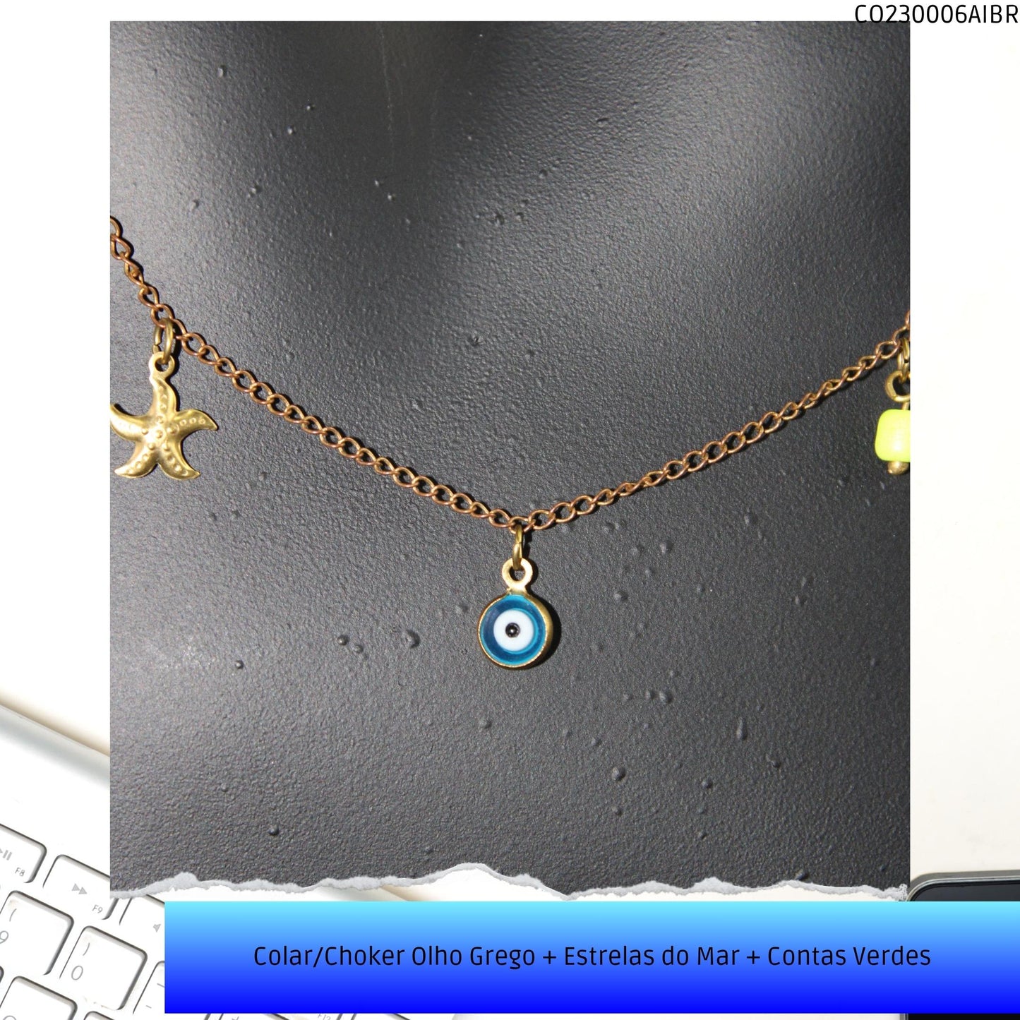 Colar/Choker Olho Grego + Estrelas do Mar + Contas Verdes  - Código.: CO230006AIBR  - Peso.: 2.3 gr