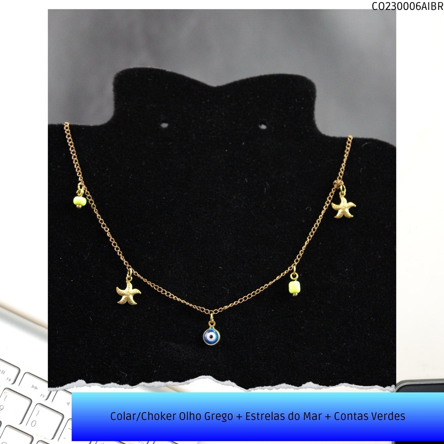 Colar/Choker Olho Grego + Estrelas do Mar + Contas Verdes  - Código.: CO230006AIBR  - Peso.: 2.3 gr