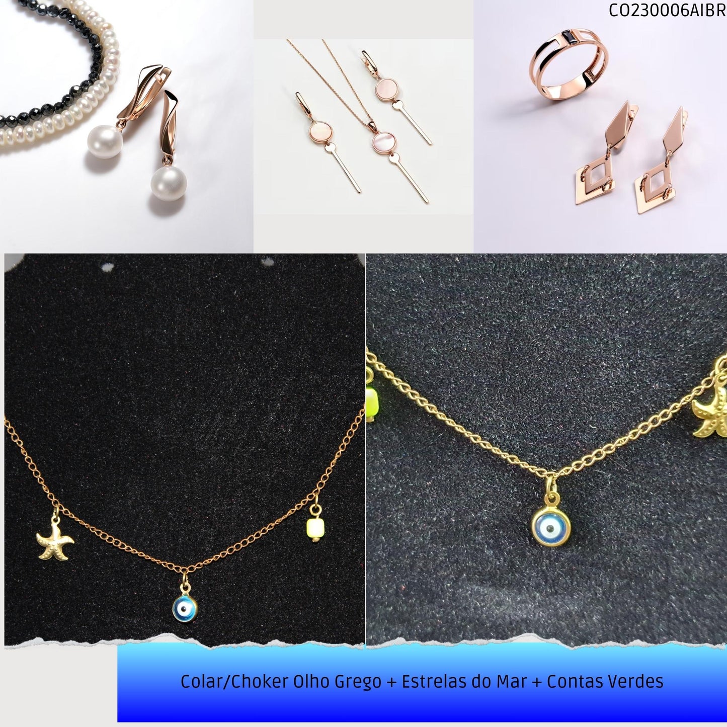 Colar/Choker Olho Grego + Estrelas do Mar + Contas Verdes  - Código.: CO230006AIBR  - Peso.: 2.3 gr