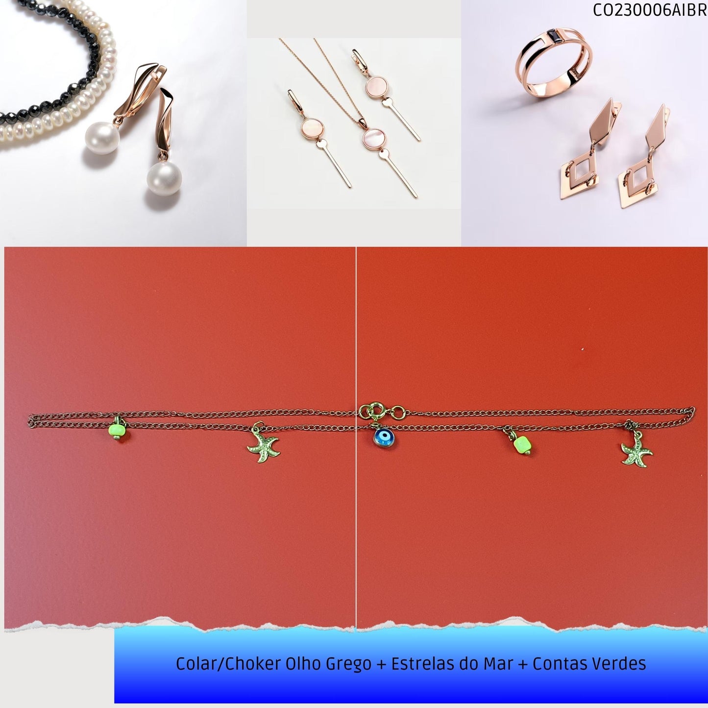Colar/Choker Olho Grego + Estrelas do Mar + Contas Verdes  - Código.: CO230006AIBR  - Peso.: 2.3 gr