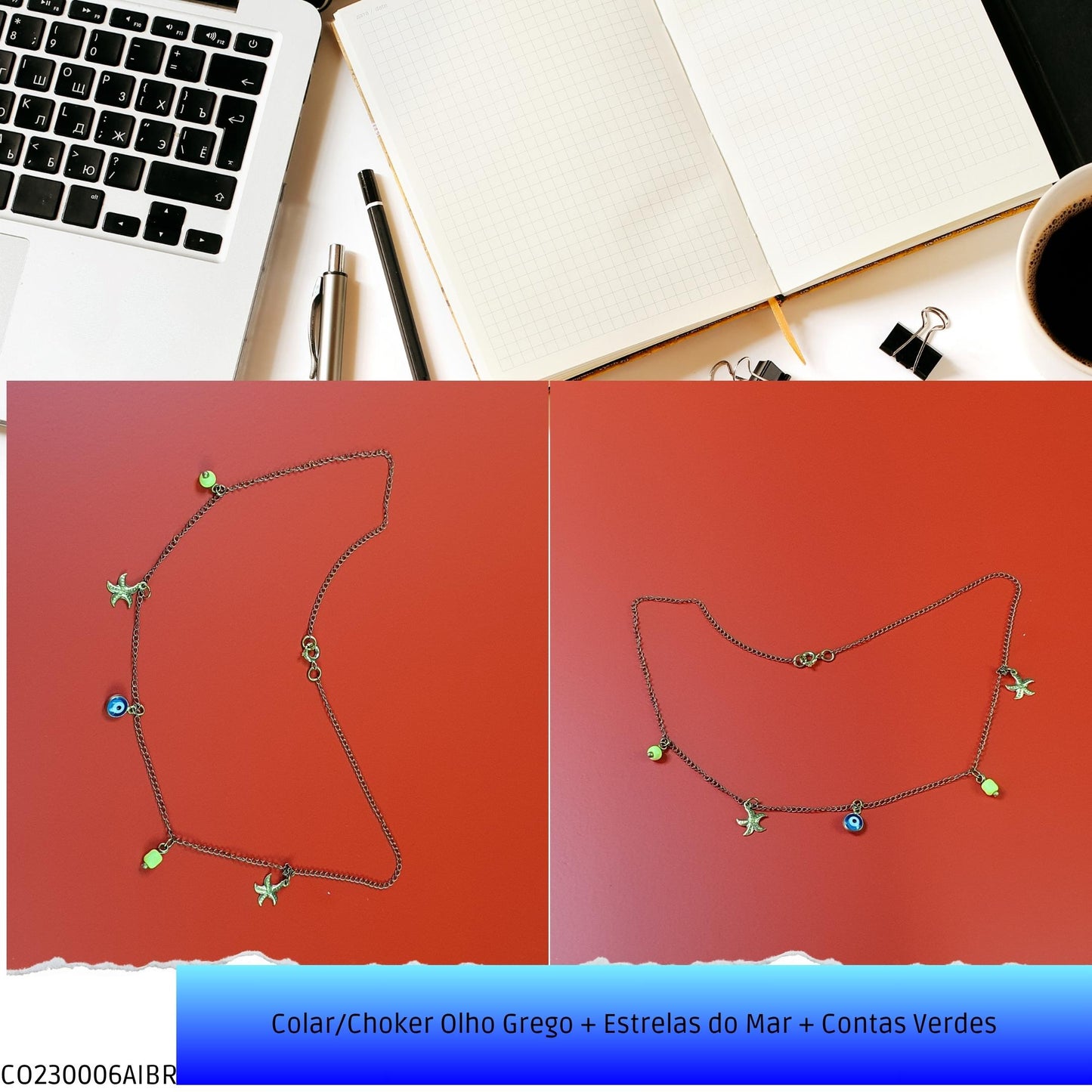 Colar/Choker Olho Grego + Estrelas do Mar + Contas Verdes  - Código.: CO230006AIBR  - Peso.: 2.3 gr