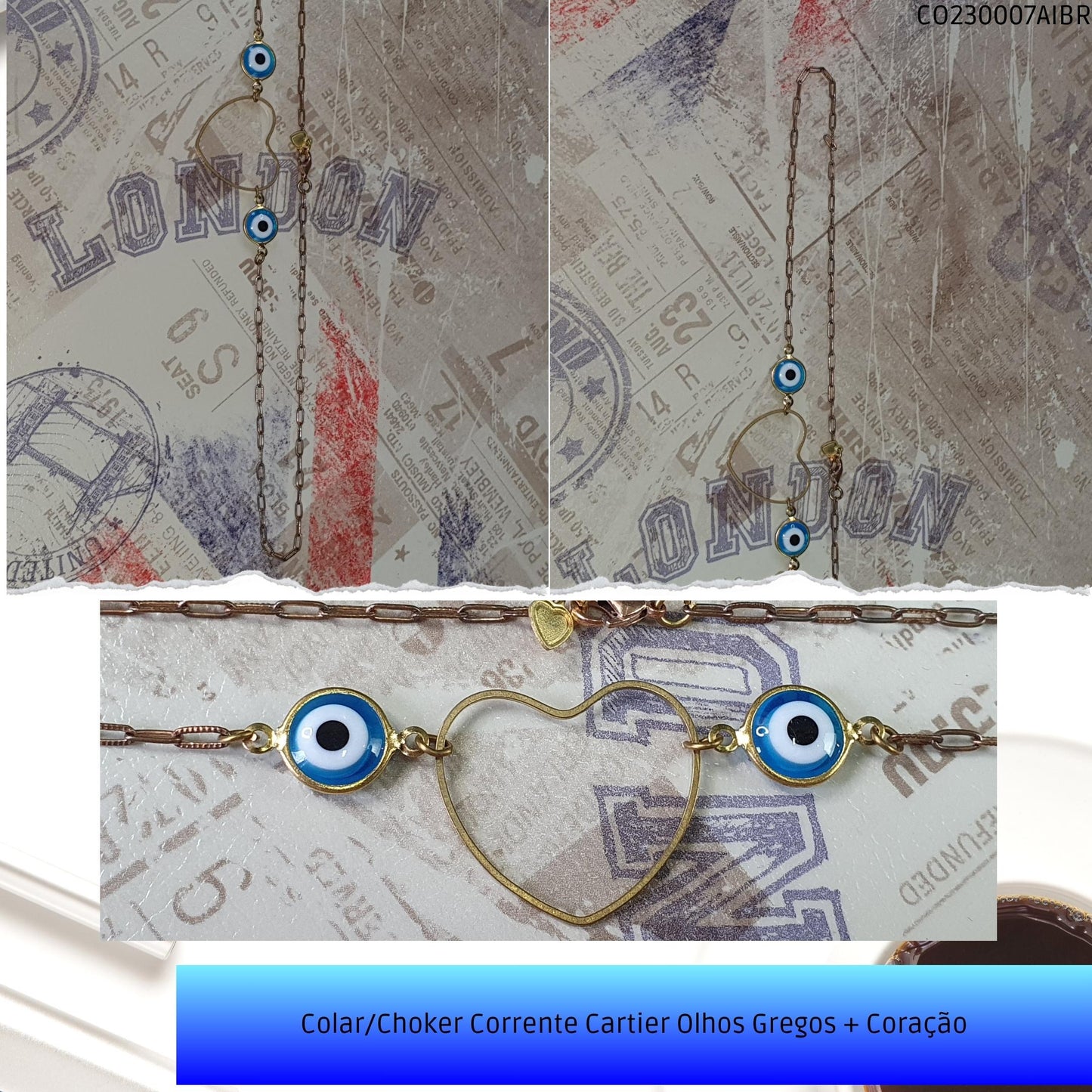 Colar/Choker Corrente Cartier Olhos Gregos + Coração  - Código.: CO230007AIBR  - Peso.: 4.0 gr