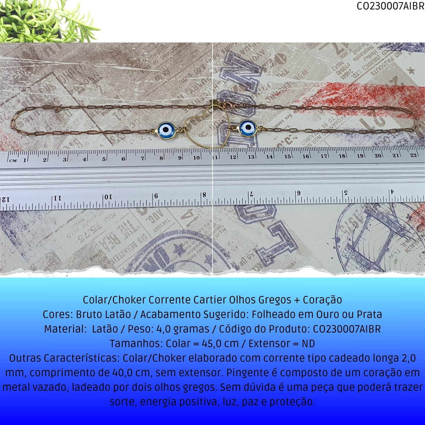 Colar/Choker Corrente Cartier Olhos Gregos + Coração  - Código.: CO230007AIBR  - Peso.: 4.0 gr
