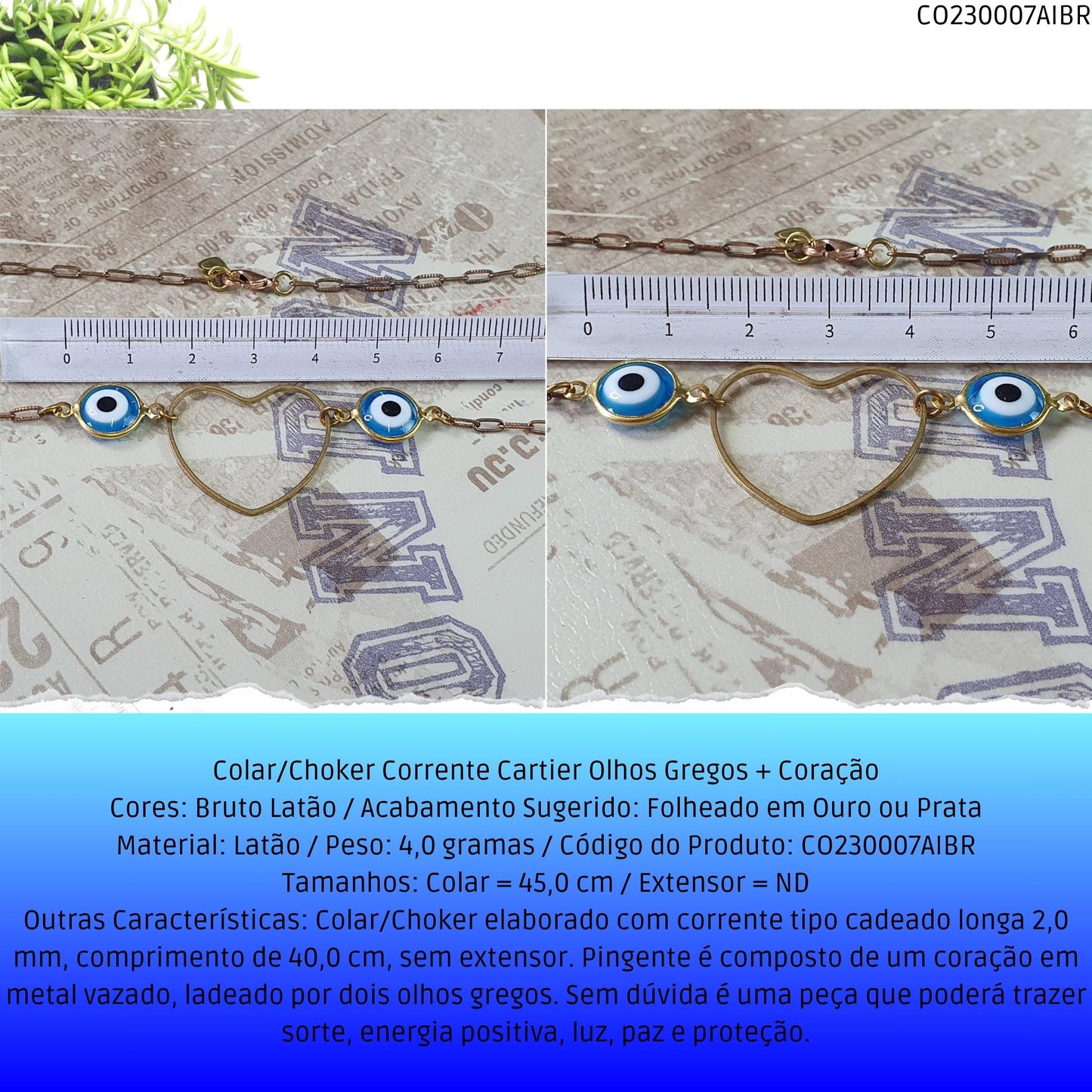 Colar/Choker Corrente Cartier Olhos Gregos + Coração  - Código.: CO230007AIBR  - Peso.: 4.0 gr