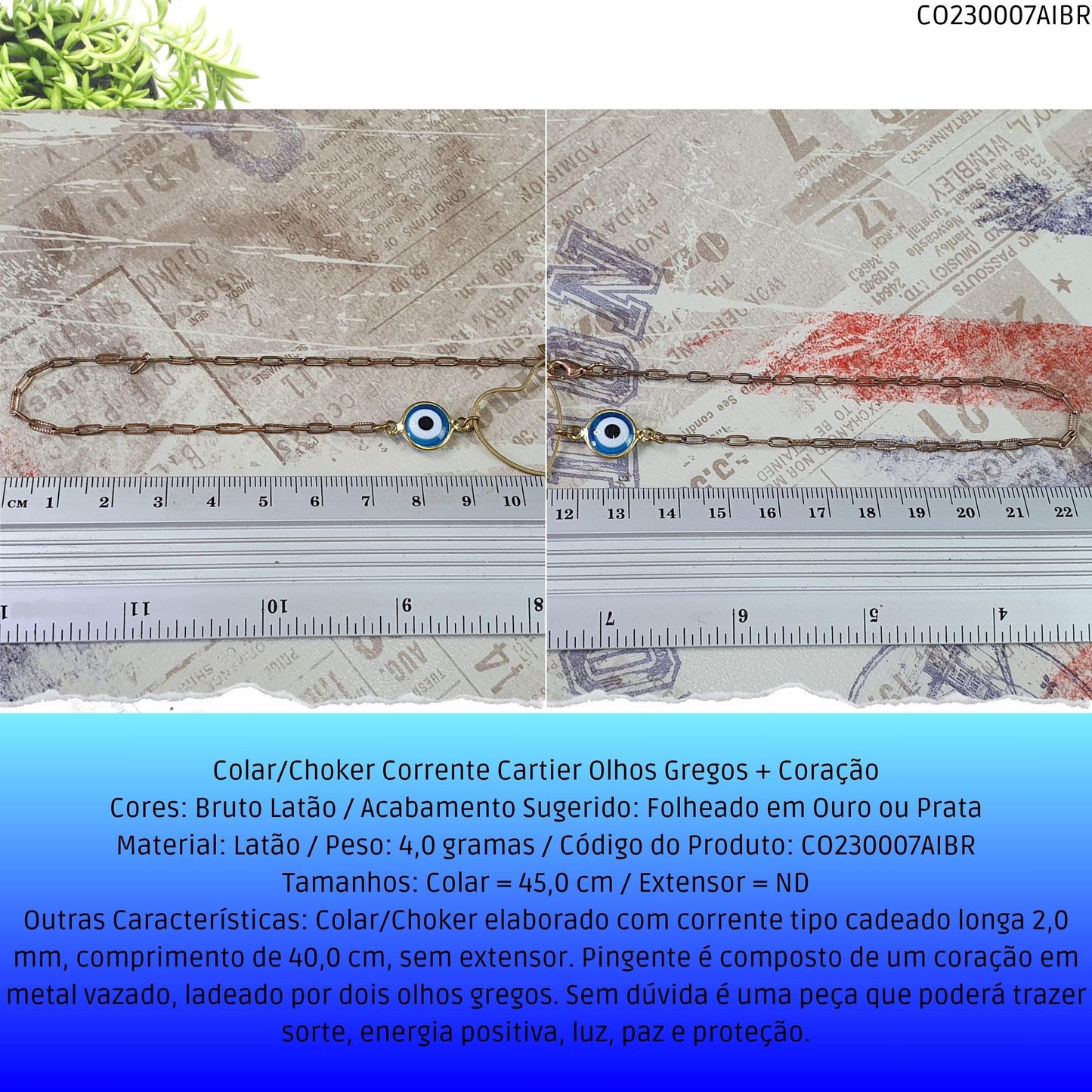 Colar/Choker Corrente Cartier Olhos Gregos + Coração  - Código.: CO230007AIBR  - Peso.: 4.0 gr