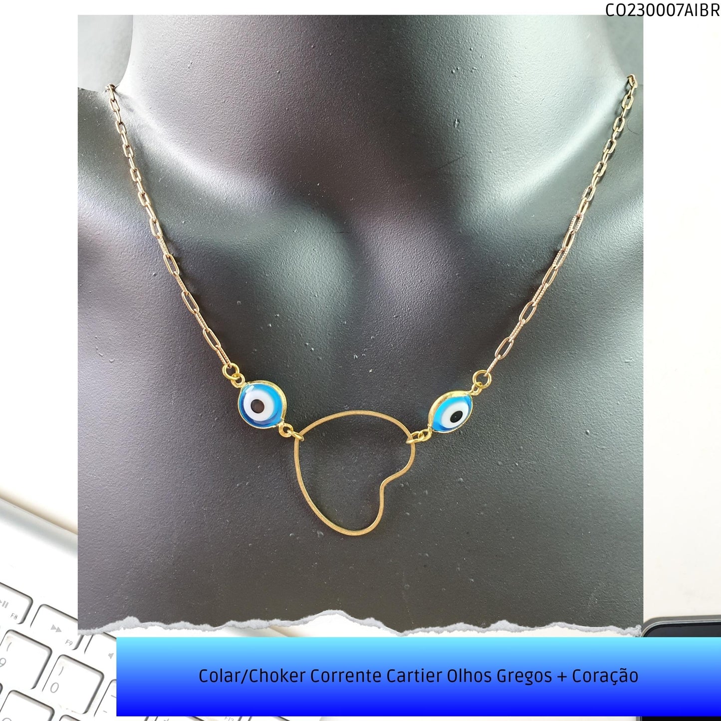 Colar/Choker Corrente Cartier Olhos Gregos + Coração  - Código.: CO230007AIBR  - Peso.: 4.0 gr