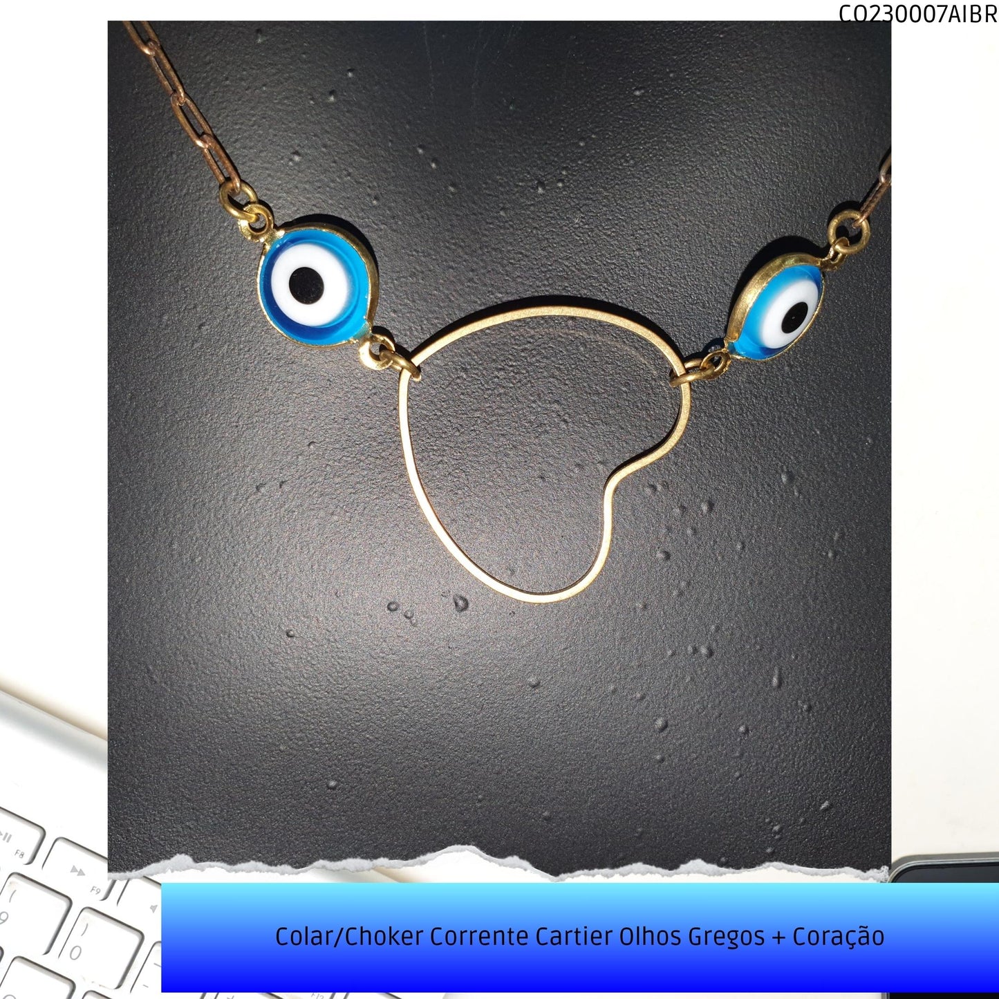 Colar/Choker Corrente Cartier Olhos Gregos + Coração  - Código.: CO230007AIBR  - Peso.: 4.0 gr