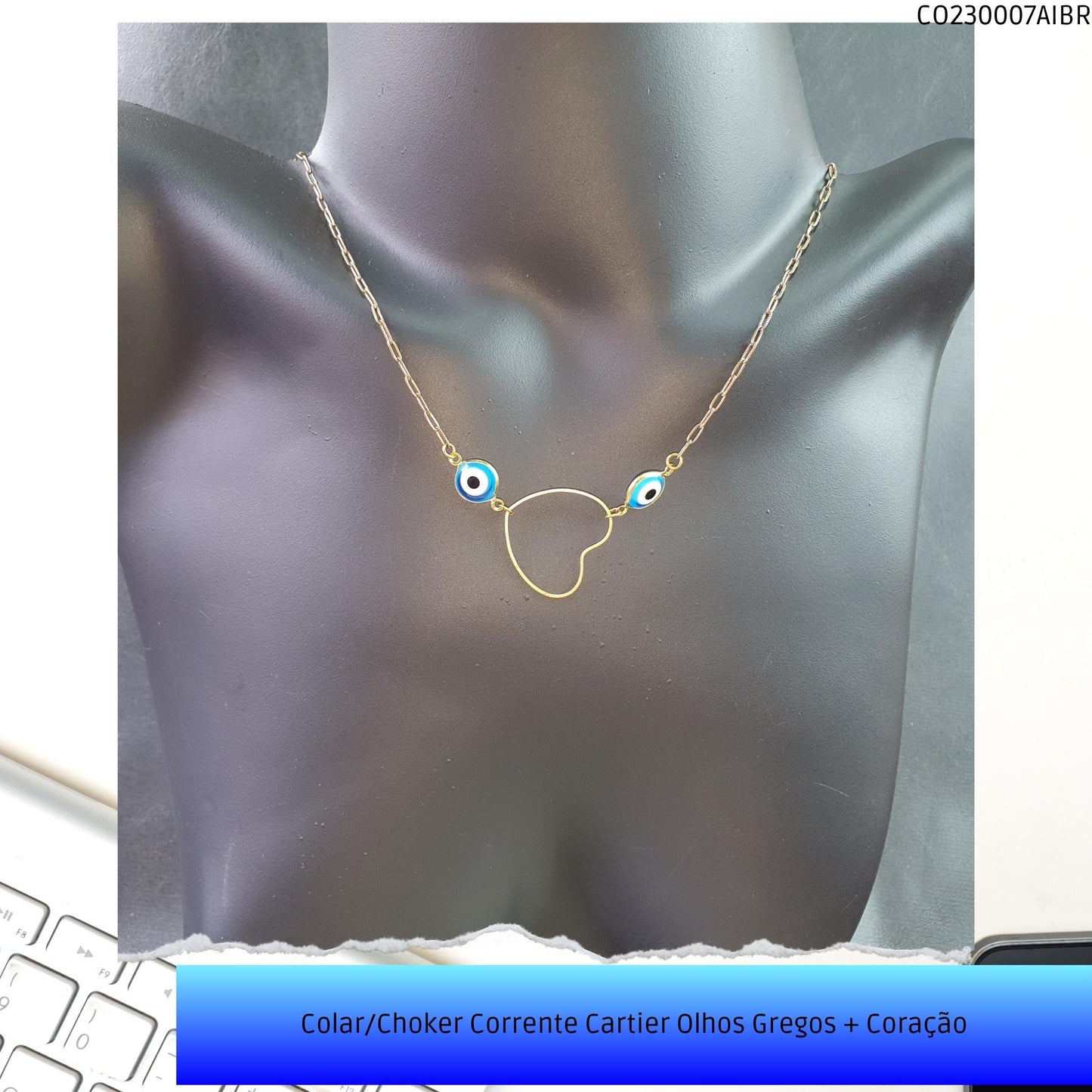 Colar/Choker Corrente Cartier Olhos Gregos + Coração  - Código.: CO230007AIBR  - Peso.: 4.0 gr