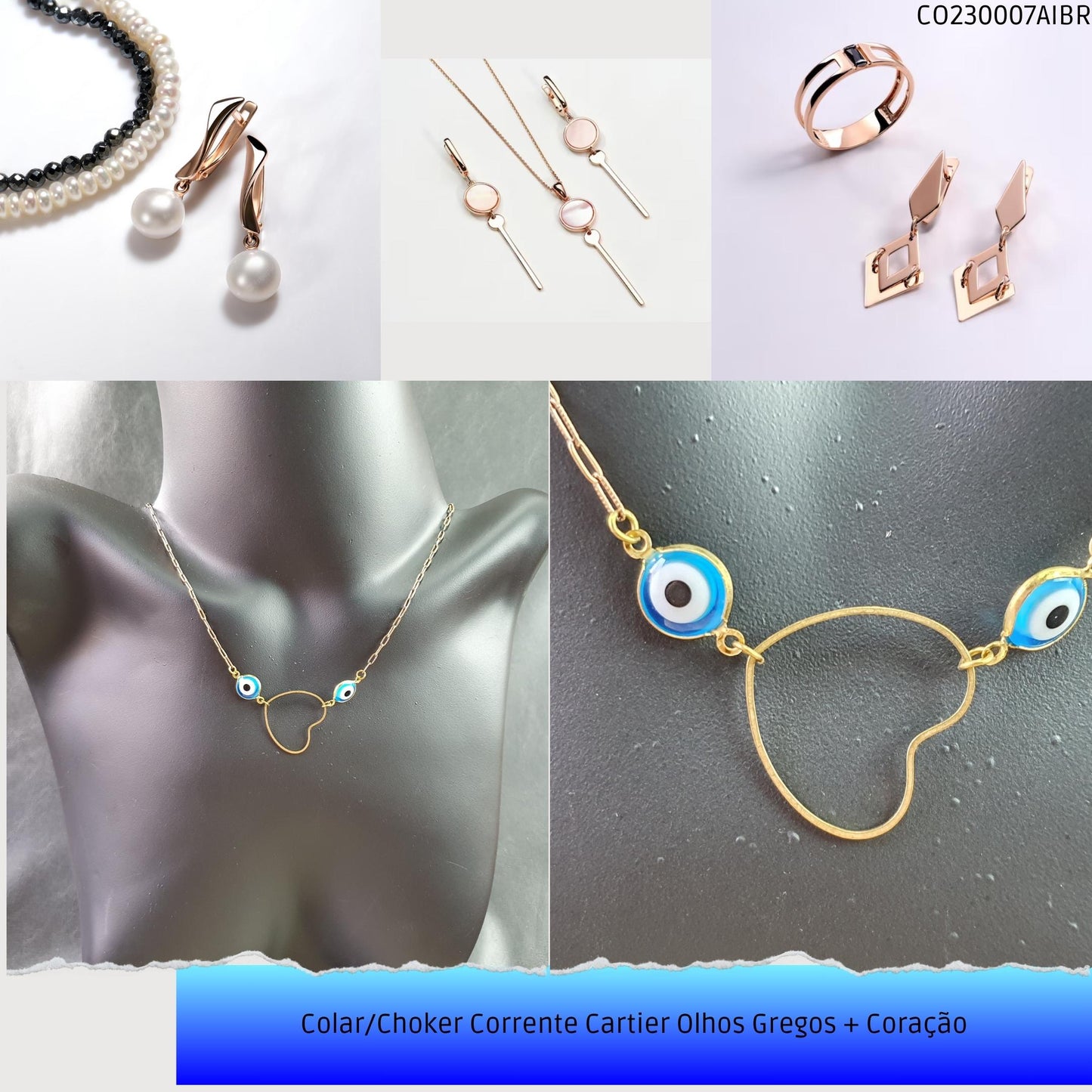 Colar/Choker Corrente Cartier Olhos Gregos + Coração  - Código.: CO230007AIBR  - Peso.: 4.0 gr